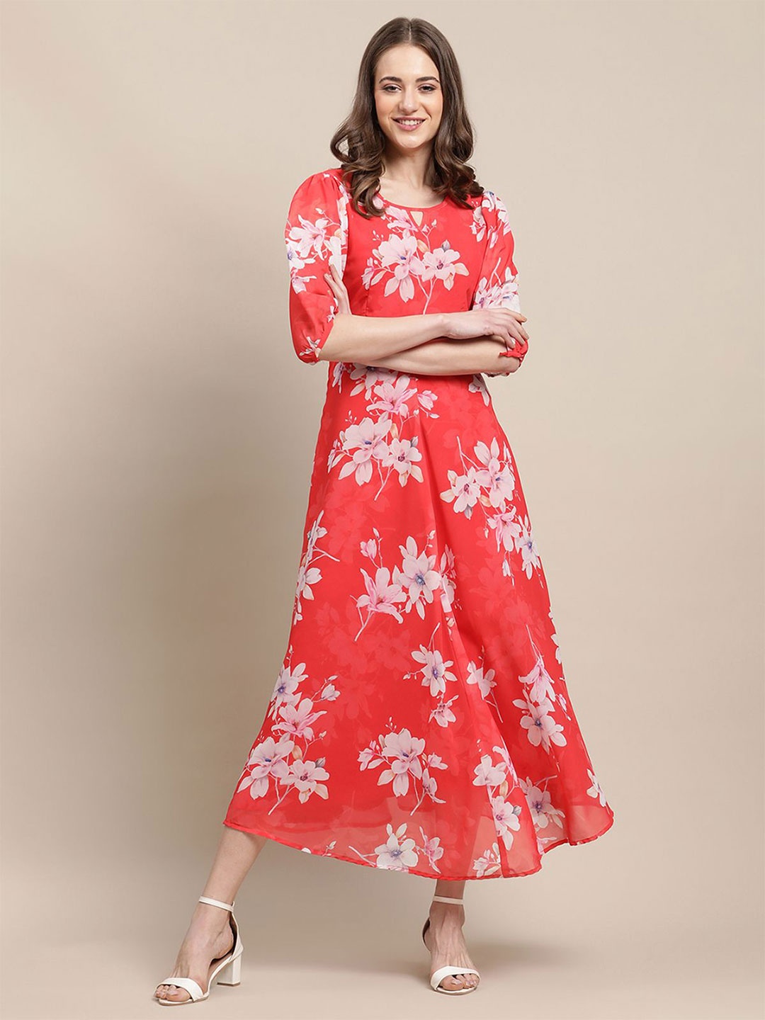 

Tromko Floral Print Georgette Fit & Flare Midi Dress, Red