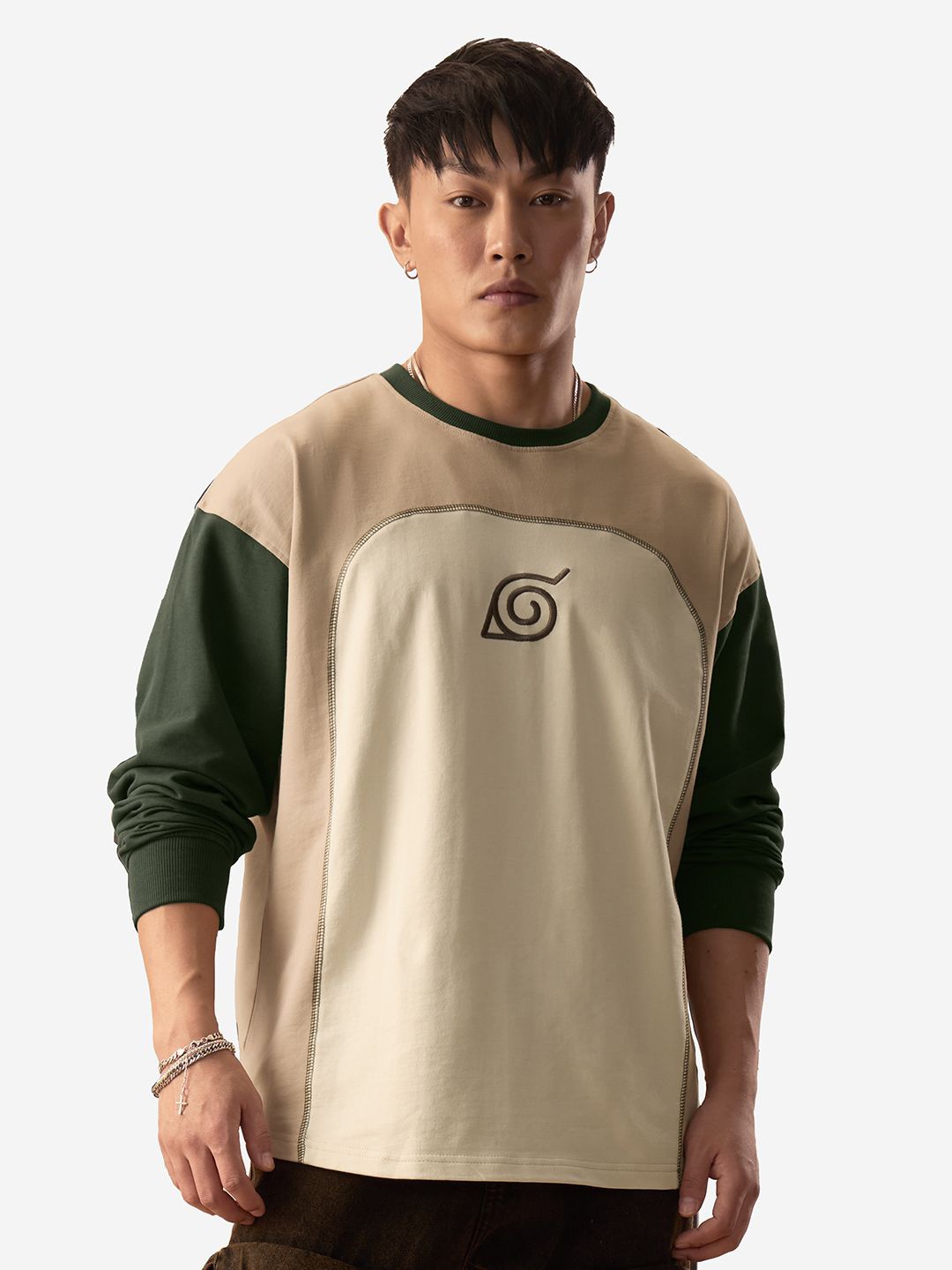 

The Souled Store Men Colourblocked Round Neck Cotton Oversized T-shirt, Beige