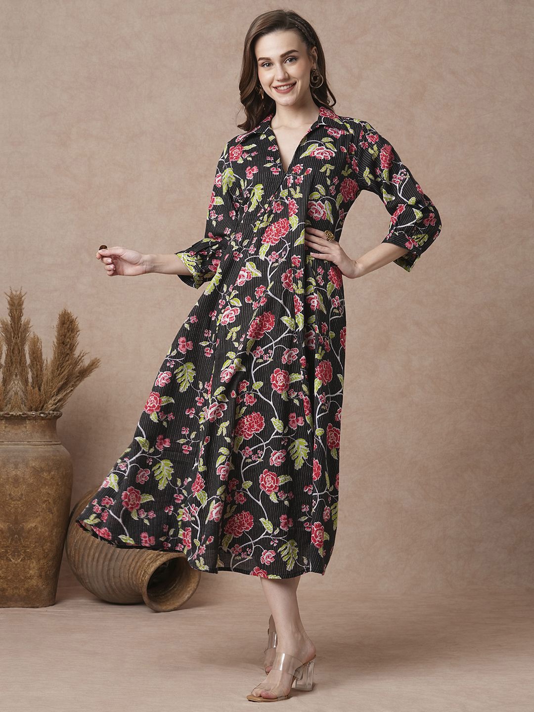 

FASHOR Women Floral Printed A-Line Midi Dress, Black