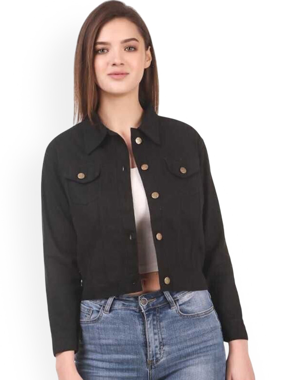 

KASHIAN Women Spread Collar Solid Casual Denim Jacket, Black