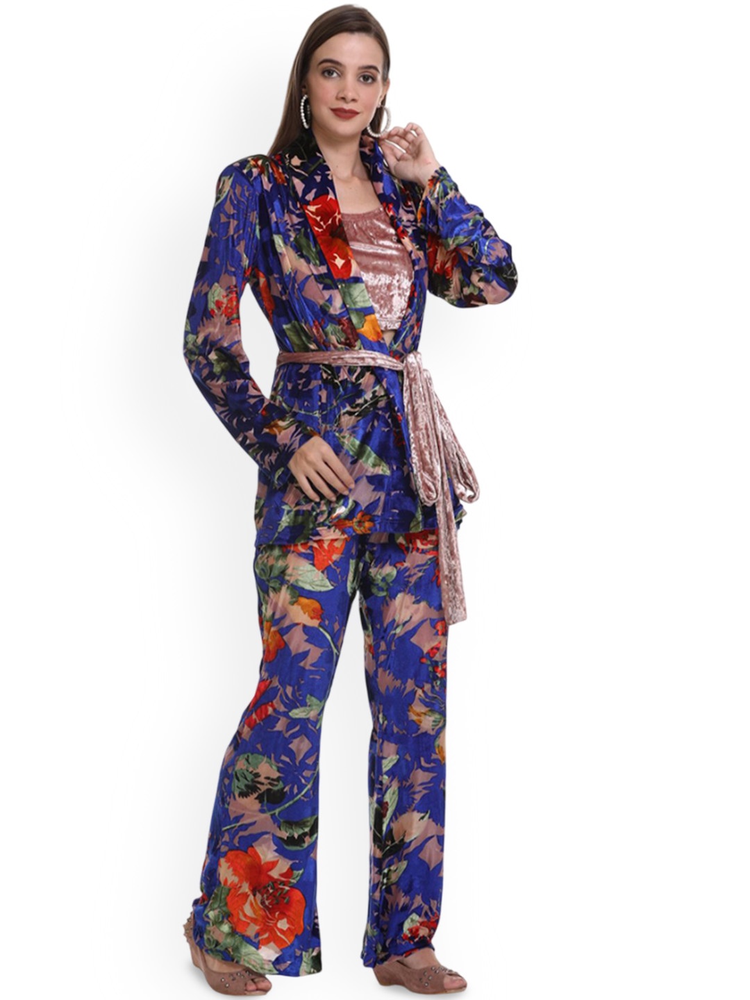 

BeriBlu Floral Printed V-Neck Velvet Coat And Trouser, Navy blue