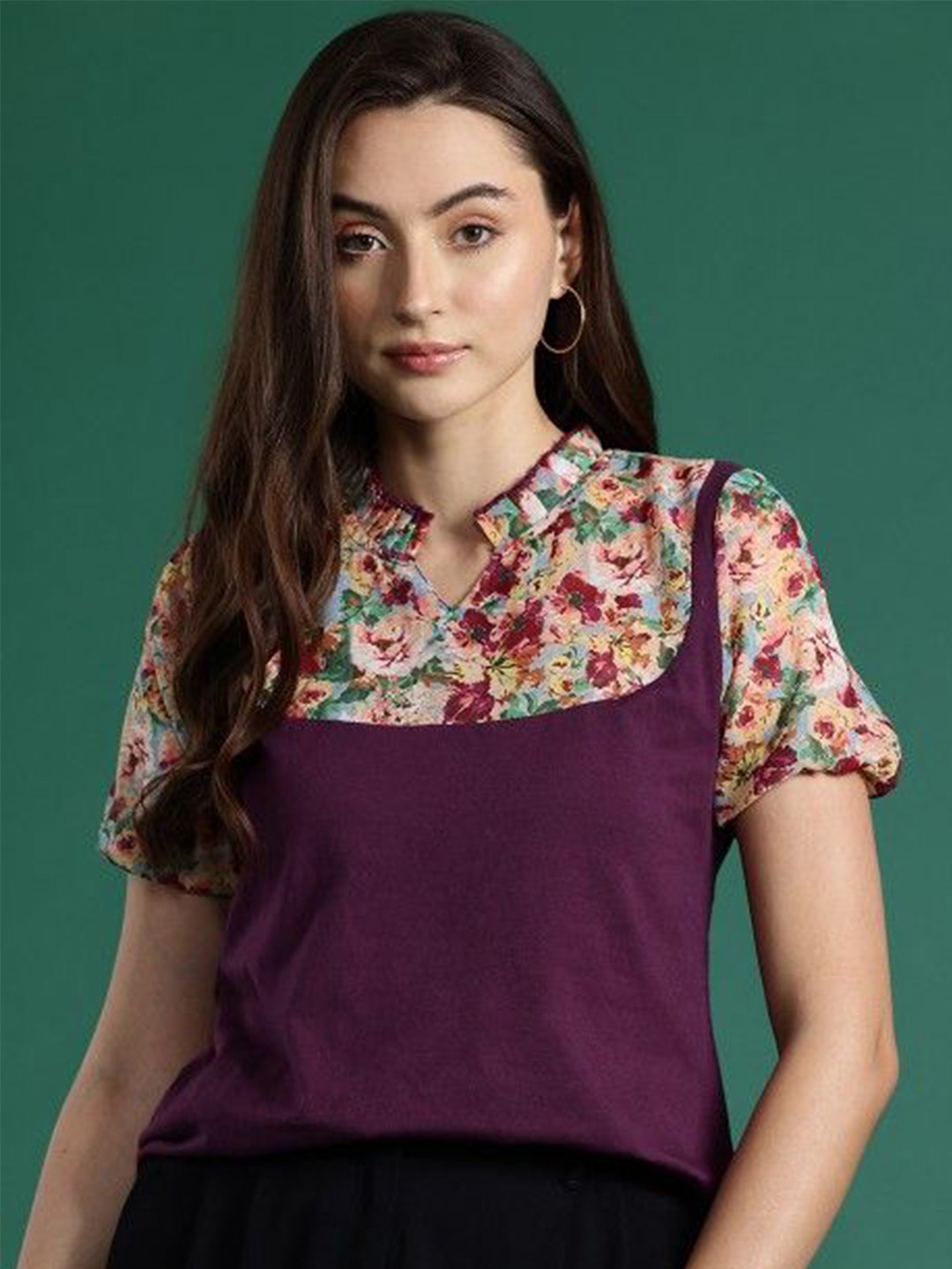 

DressBerry Floral Print Mandarin Collar Cotton Top, Burgundy