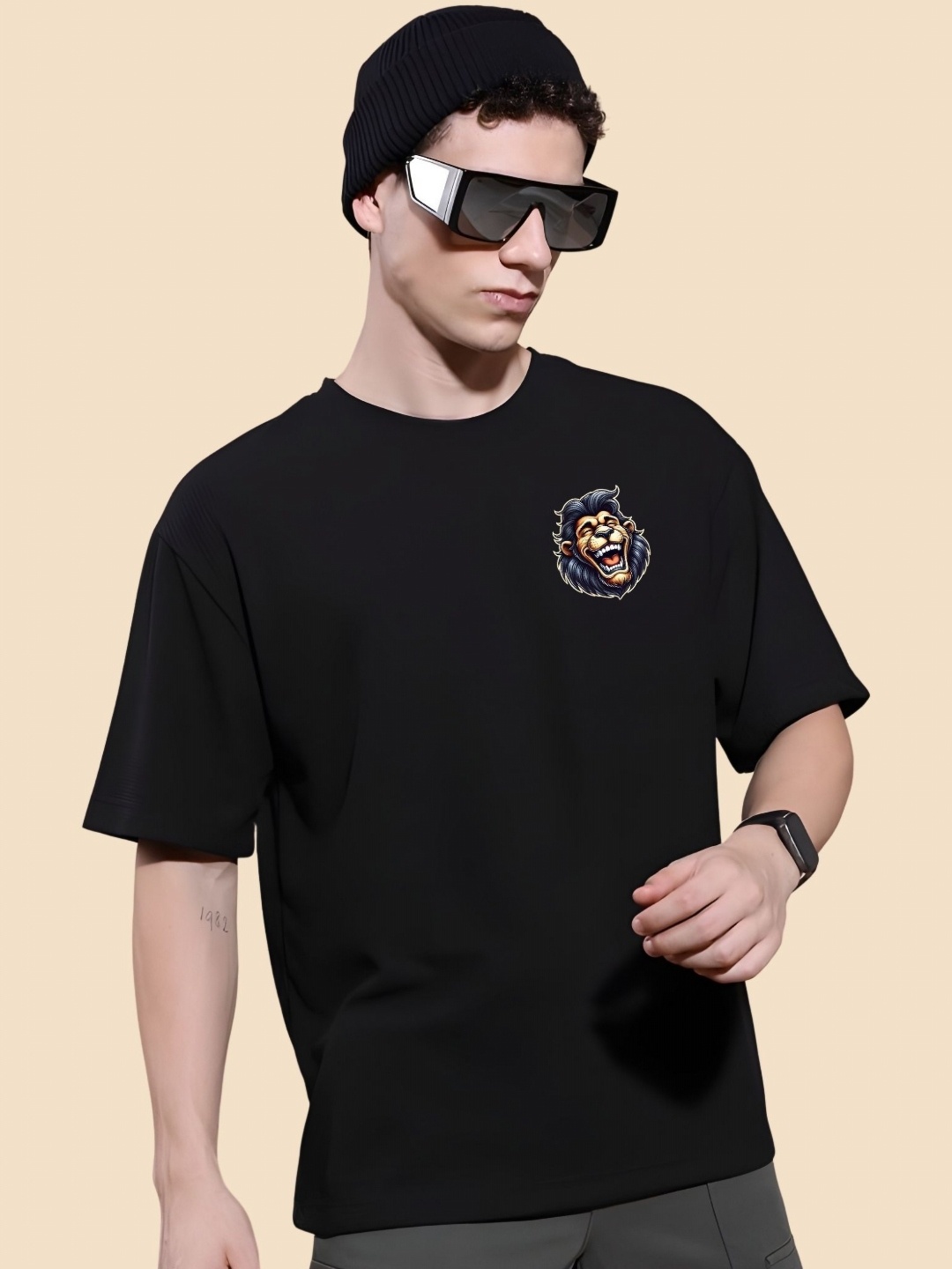 

SZN Men Graphic Printed Round Neck Cotton Oversized T-shirt, Black