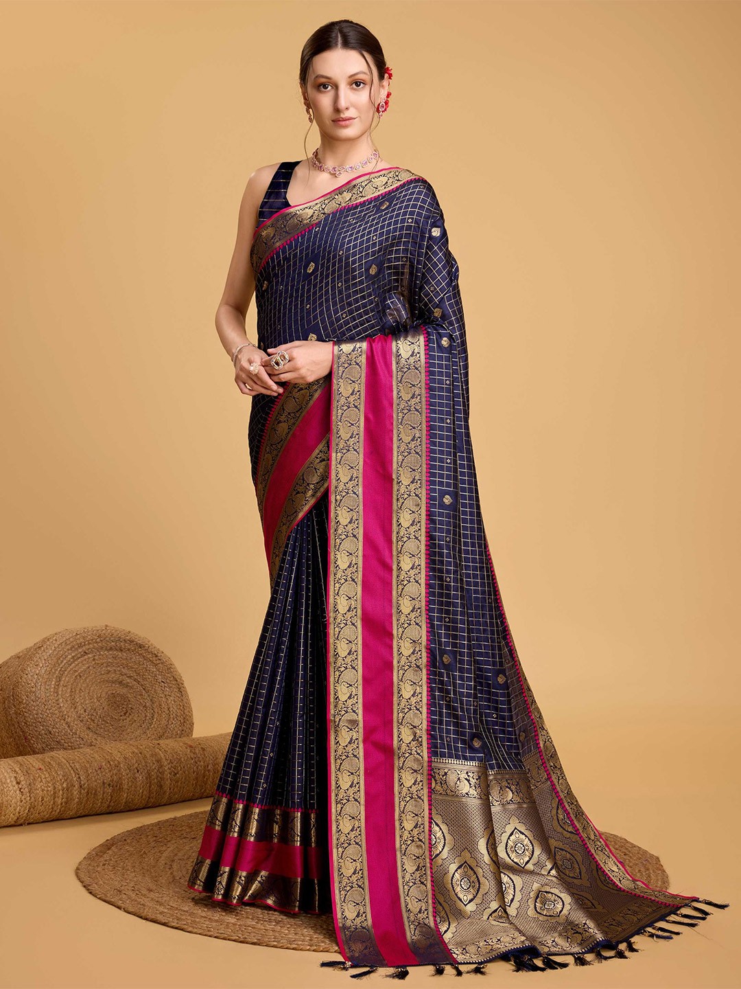 

DIVASTRI Woven Design Zari Silk Blend Banarasi Saree, Navy blue