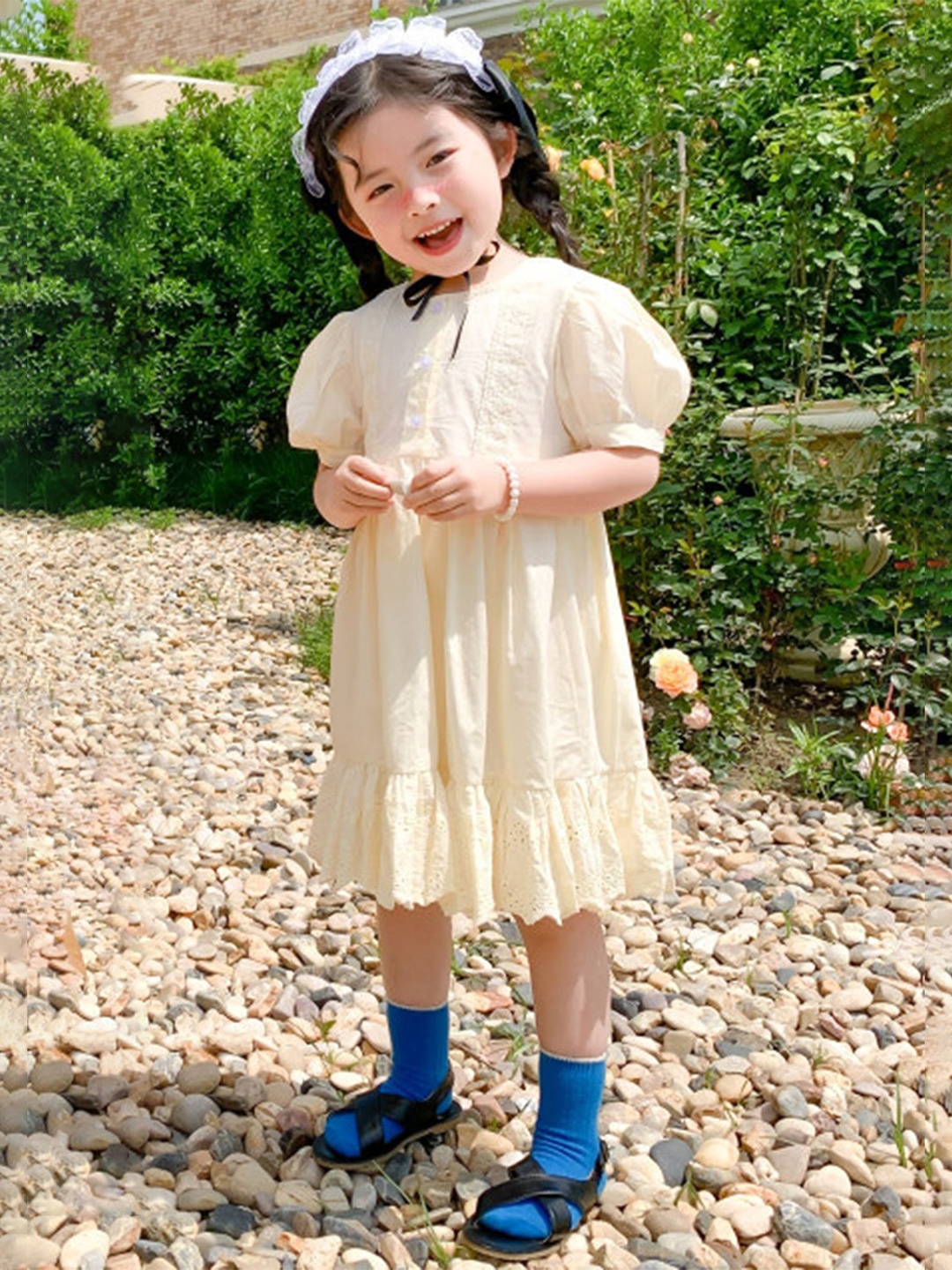 

LULU & SKY Girls Solid Mandarin Collar Cotton A-Line Midi Dress, Beige