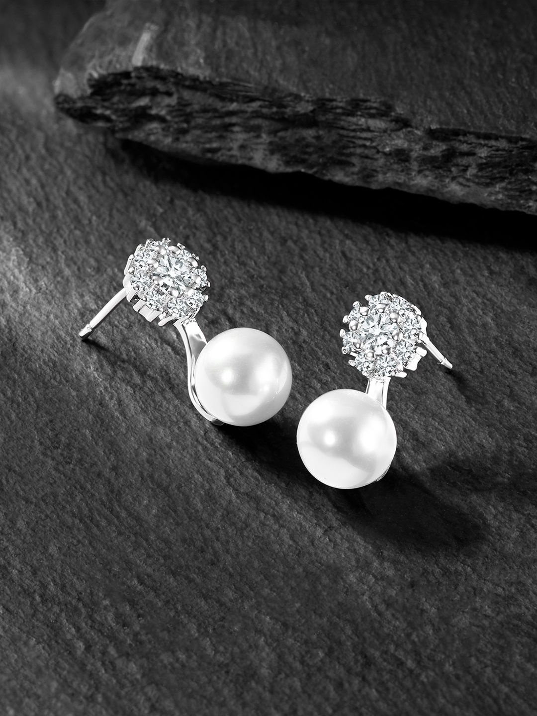 

Peora Silver Plated Pearls & Cubic Zirconia Geometric Shaped Drop Earrings With Red Rose