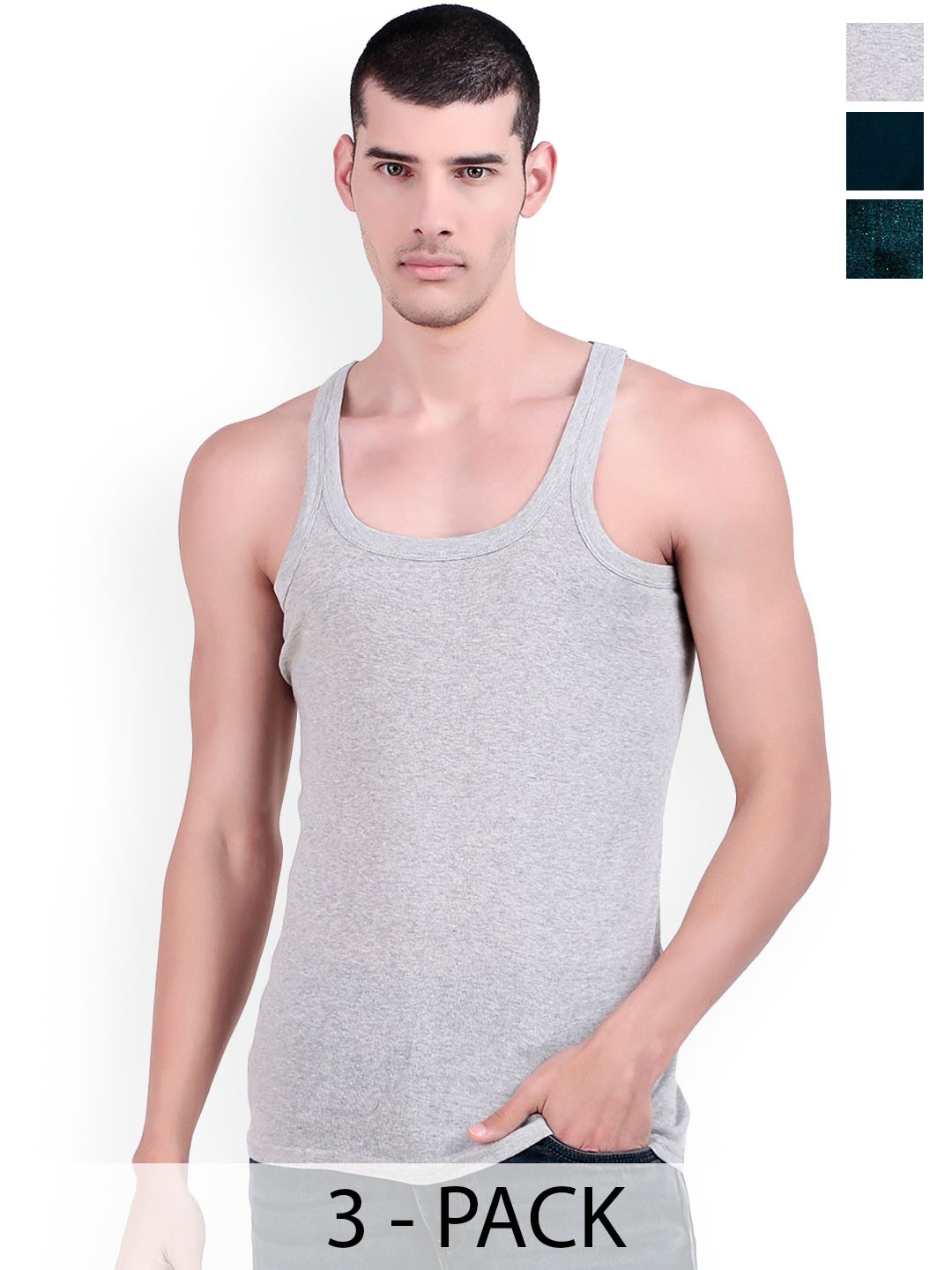 

inner element Pack Of 3 Cotton Ribbed Gym Vests IE_111_GYMVEST_PK3_Teal_Grey_Black_XS