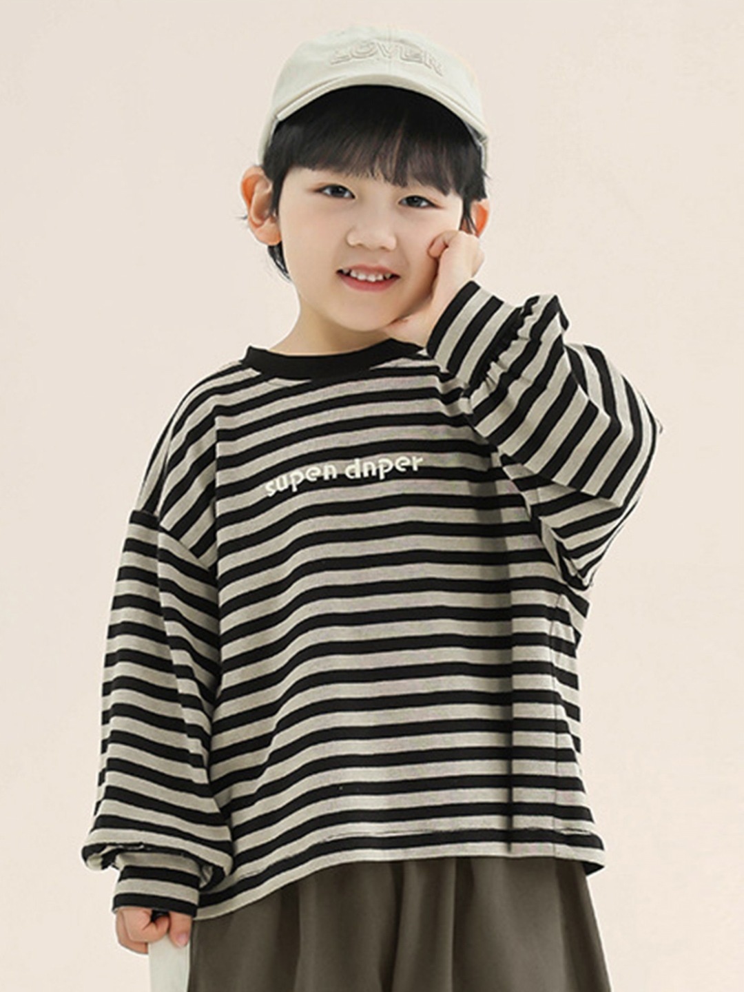 

LULU & SKY Boys Striped Round Neck Cotton Oversized T-shirt, Black