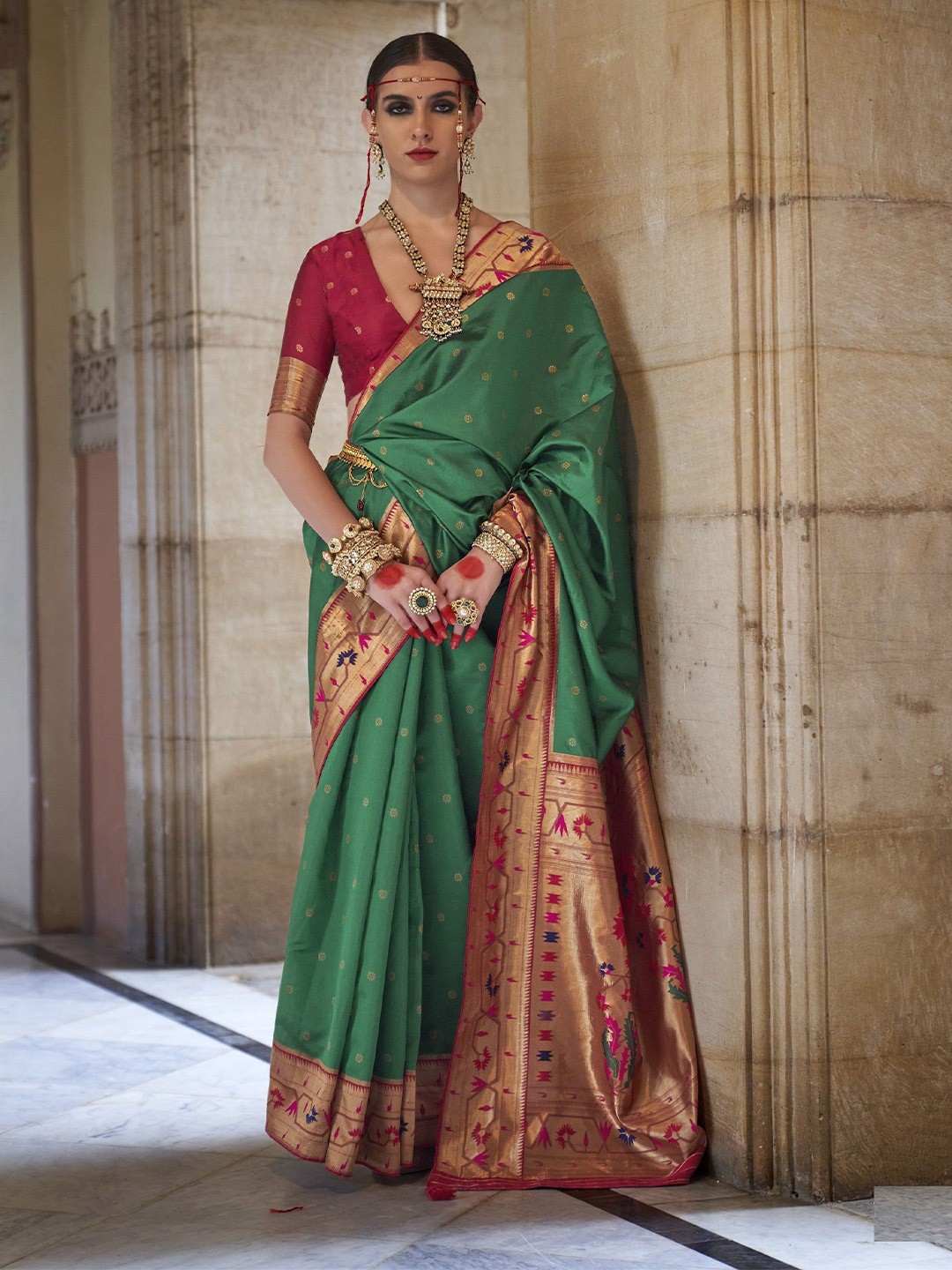 

MAHALASA Ethnic Motifs Pure Silk Paithani Saree, Sea green