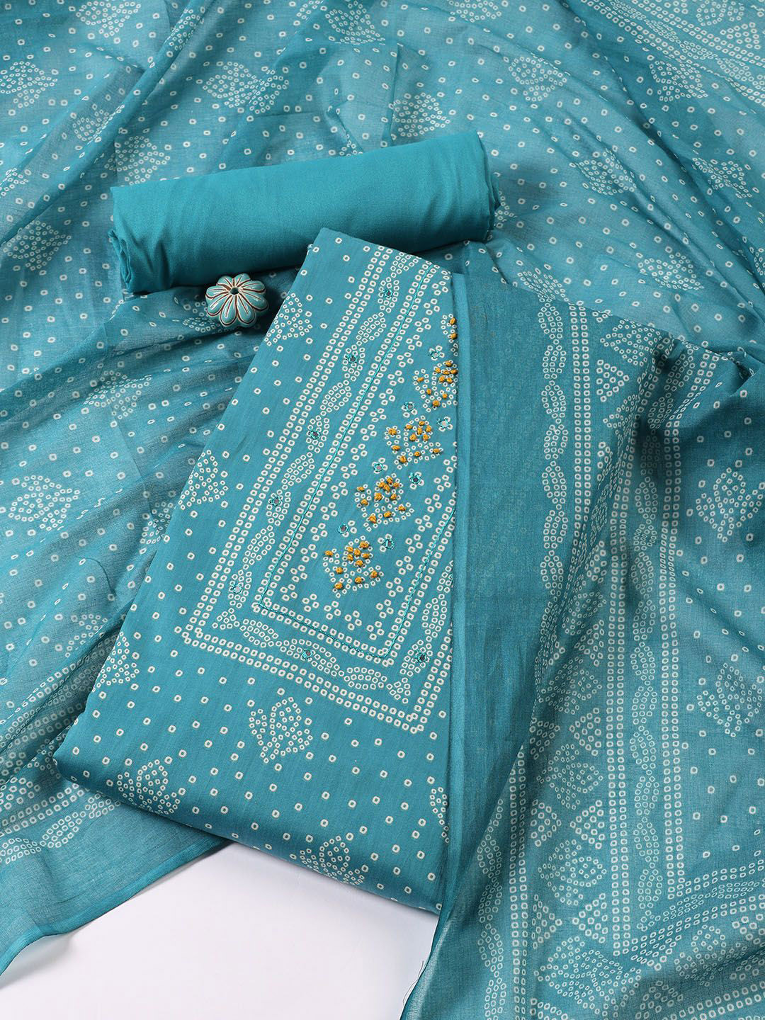 

Meena Bazaar Bandhani Printed Mirror Work Unstitched Dress Material, Blue