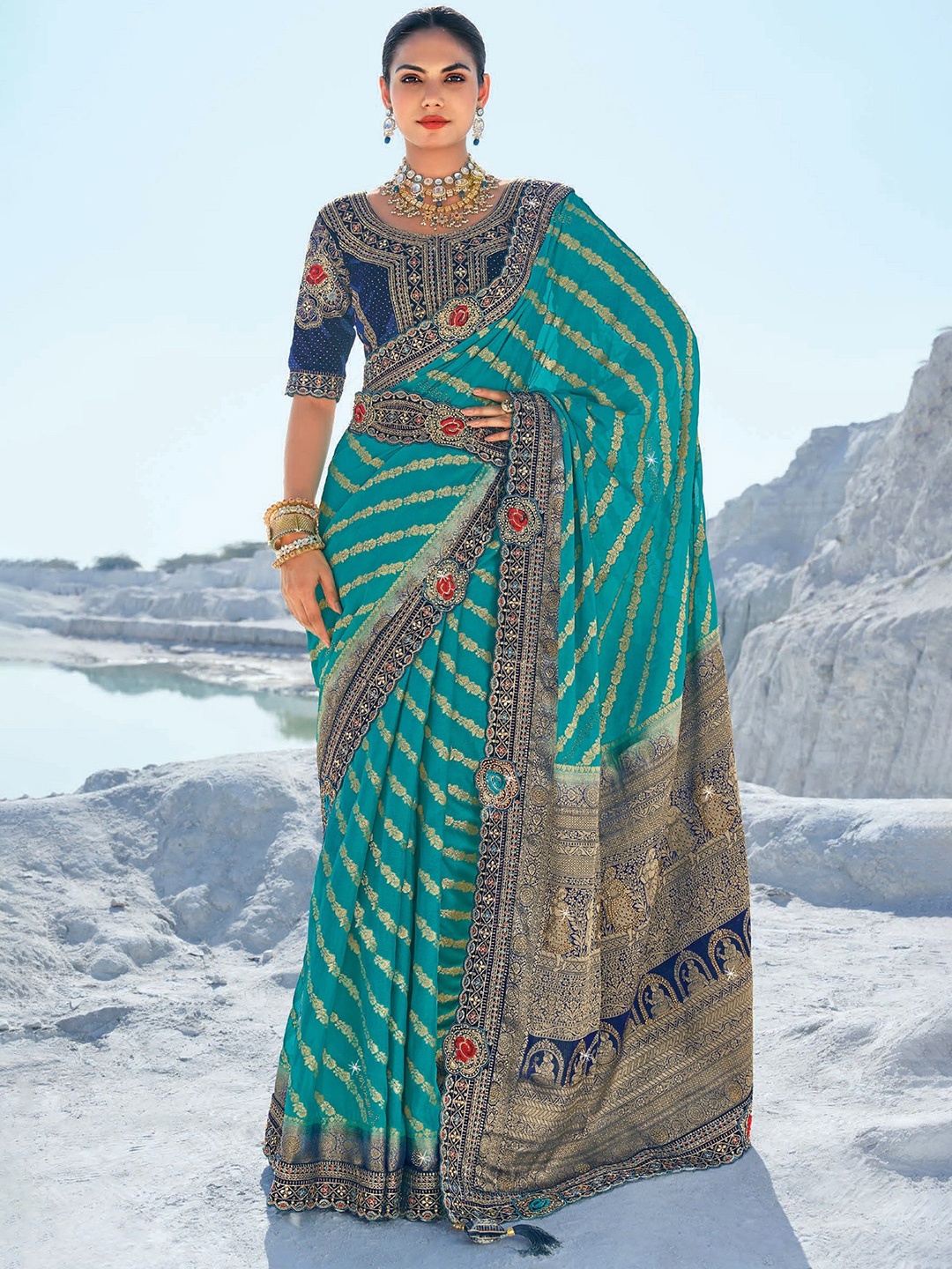 

MAHALASA Ethnic Motifs Embroidered Pure Georgette Handloom Saree, Turquoise blue
