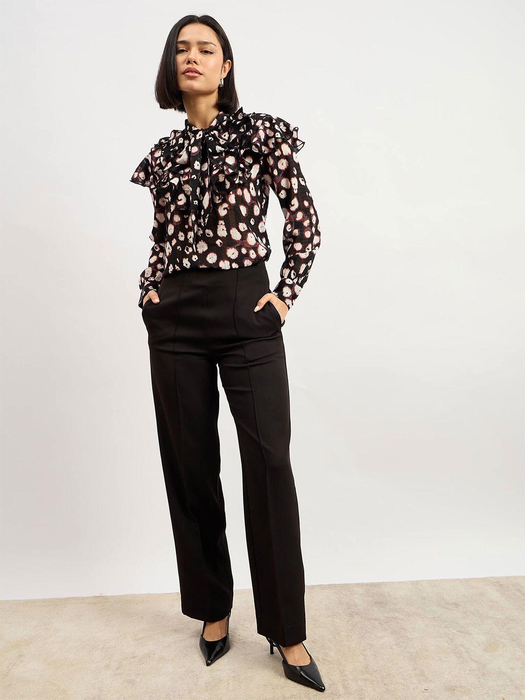 

SALT ATTIRE Floral Print Tie-Up Neck Georgette Top, Multi