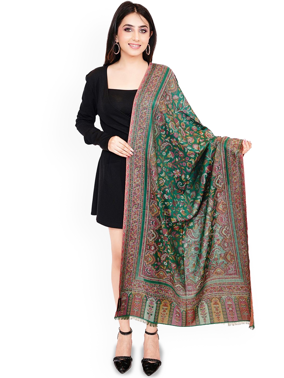 

PASHMAL INDIA PRIVATE LIMITED Floral Woven Design Woollen Shawl, Green