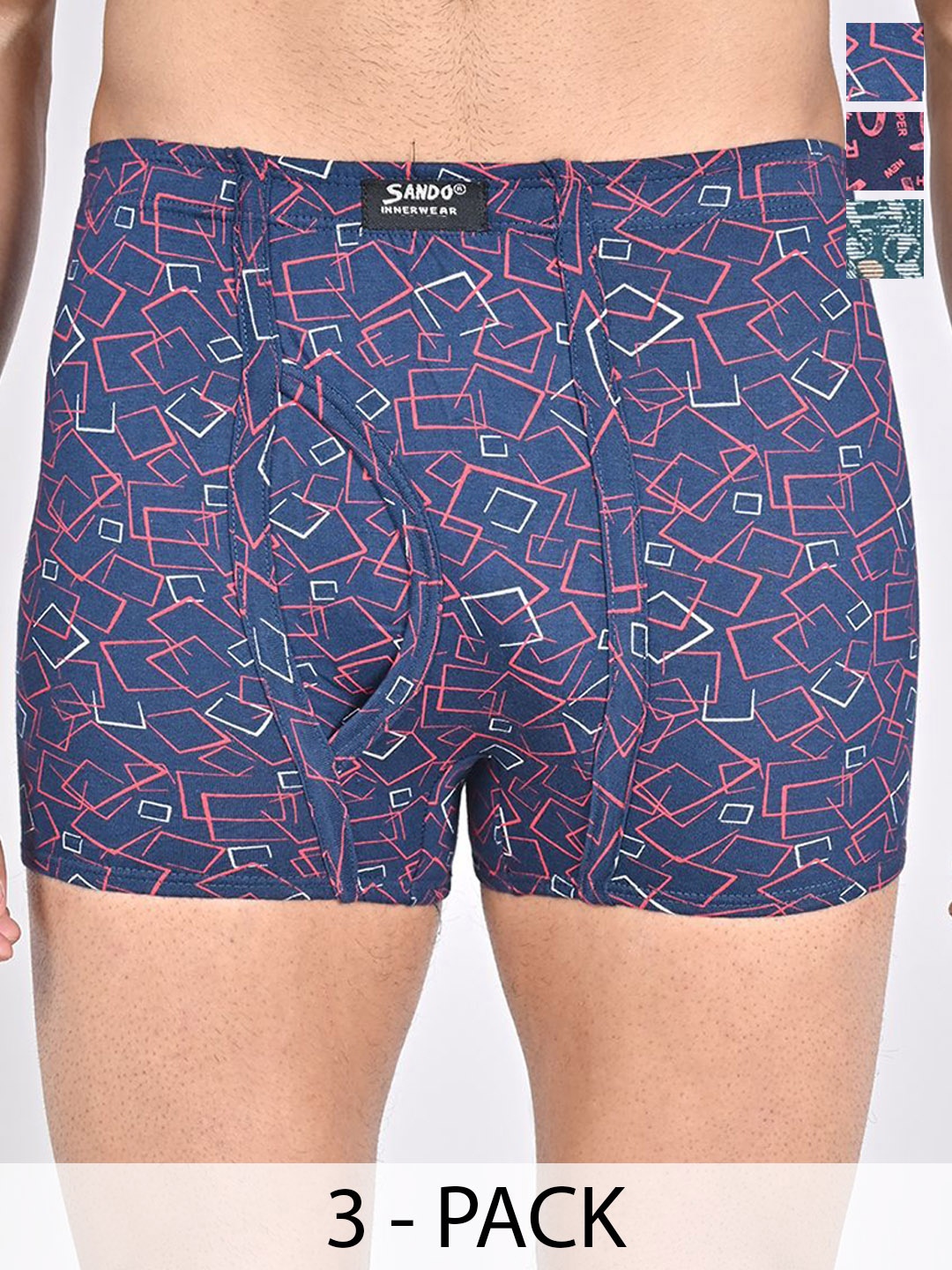 

SANDO Pack Of 3 Printed Cotton Trunks GENIUS-02-08-09, Blue