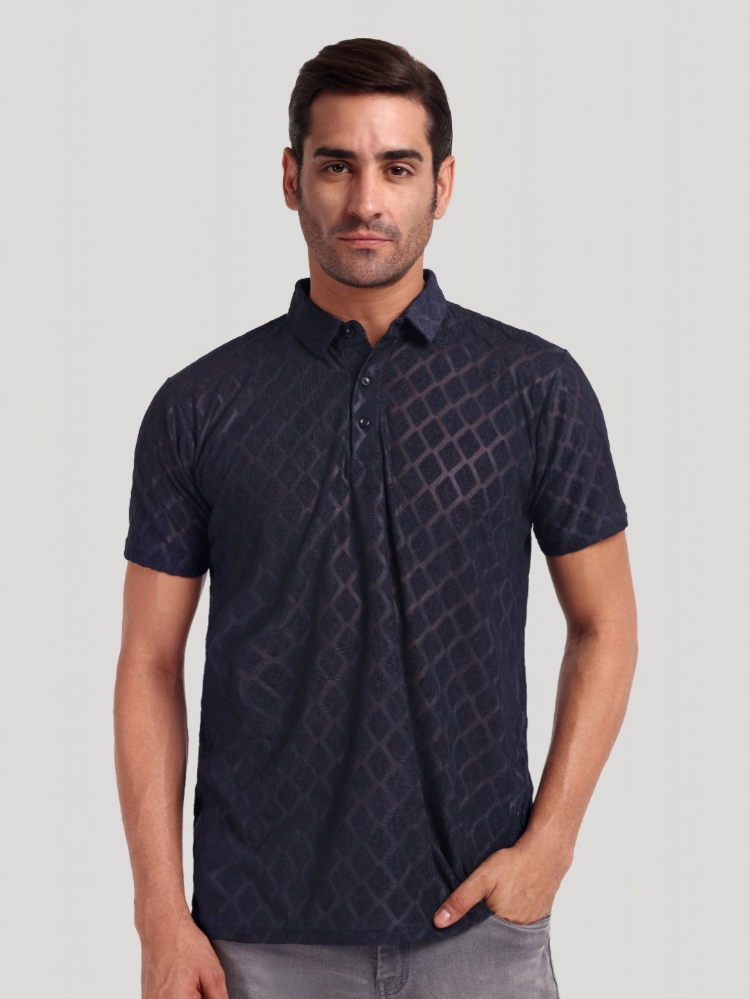 

Moda Rapido Men Self Design Polo Collar Cotton T-shirt, Navy blue