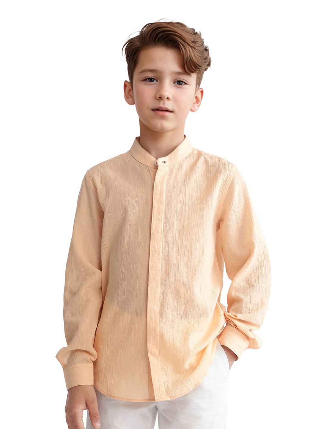 

RARE ONES Boys Band Collar Textured Cotton Casual Shirt, Orange