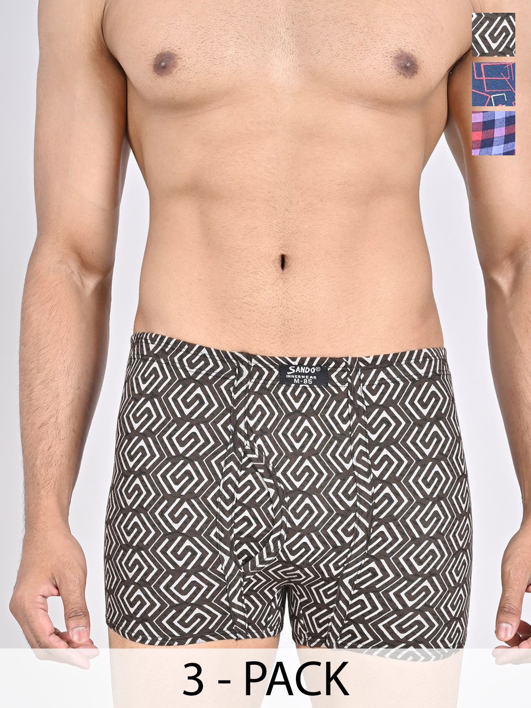 

SANDO Pack Of 3 Printed Pure Cotton Trunks GENIUS-01-04-08, Blue