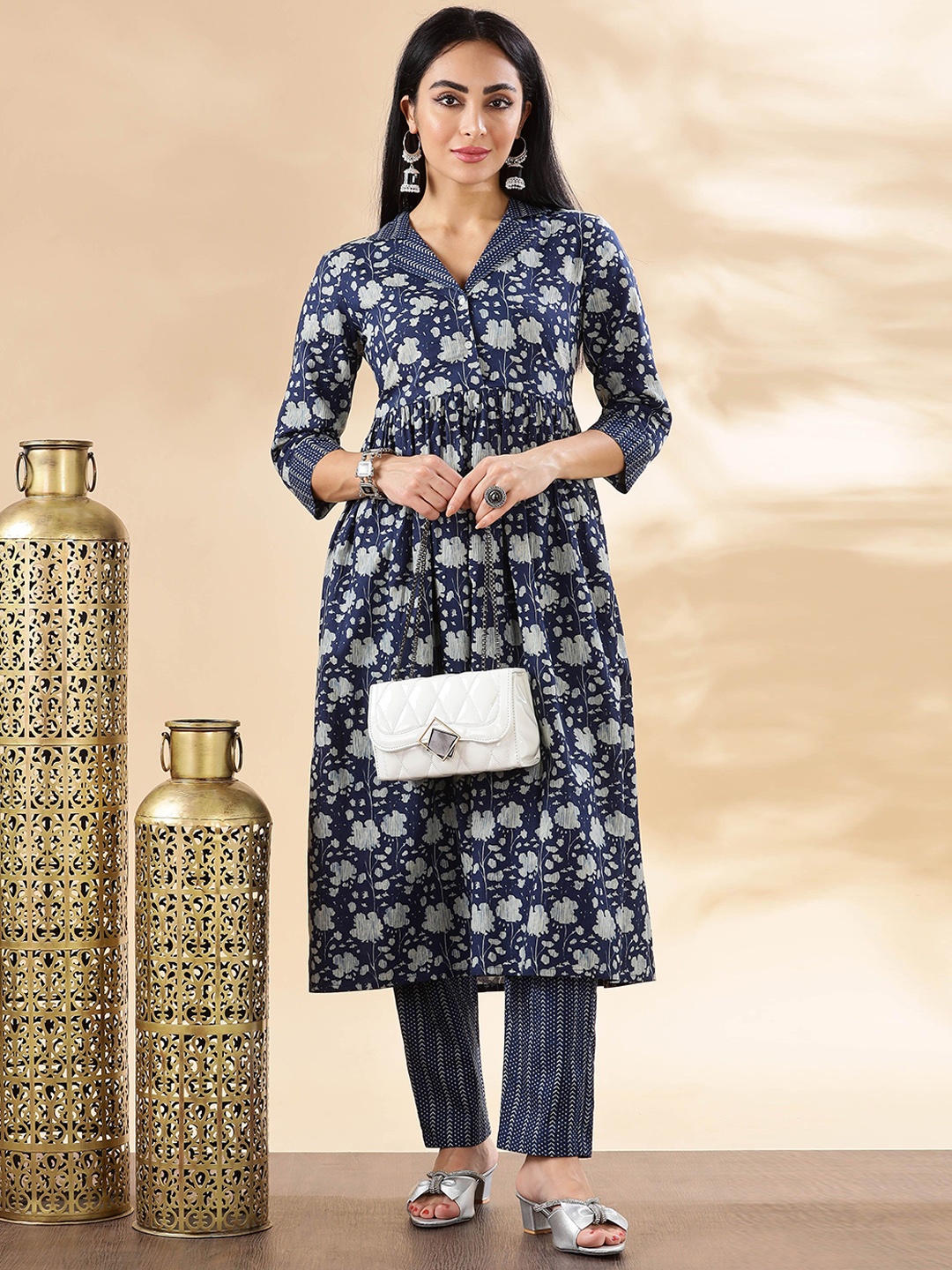 

Anouk Floral Printed Shirt Collar Pure Cotton Anarkali Kurta With Trousers, Blue