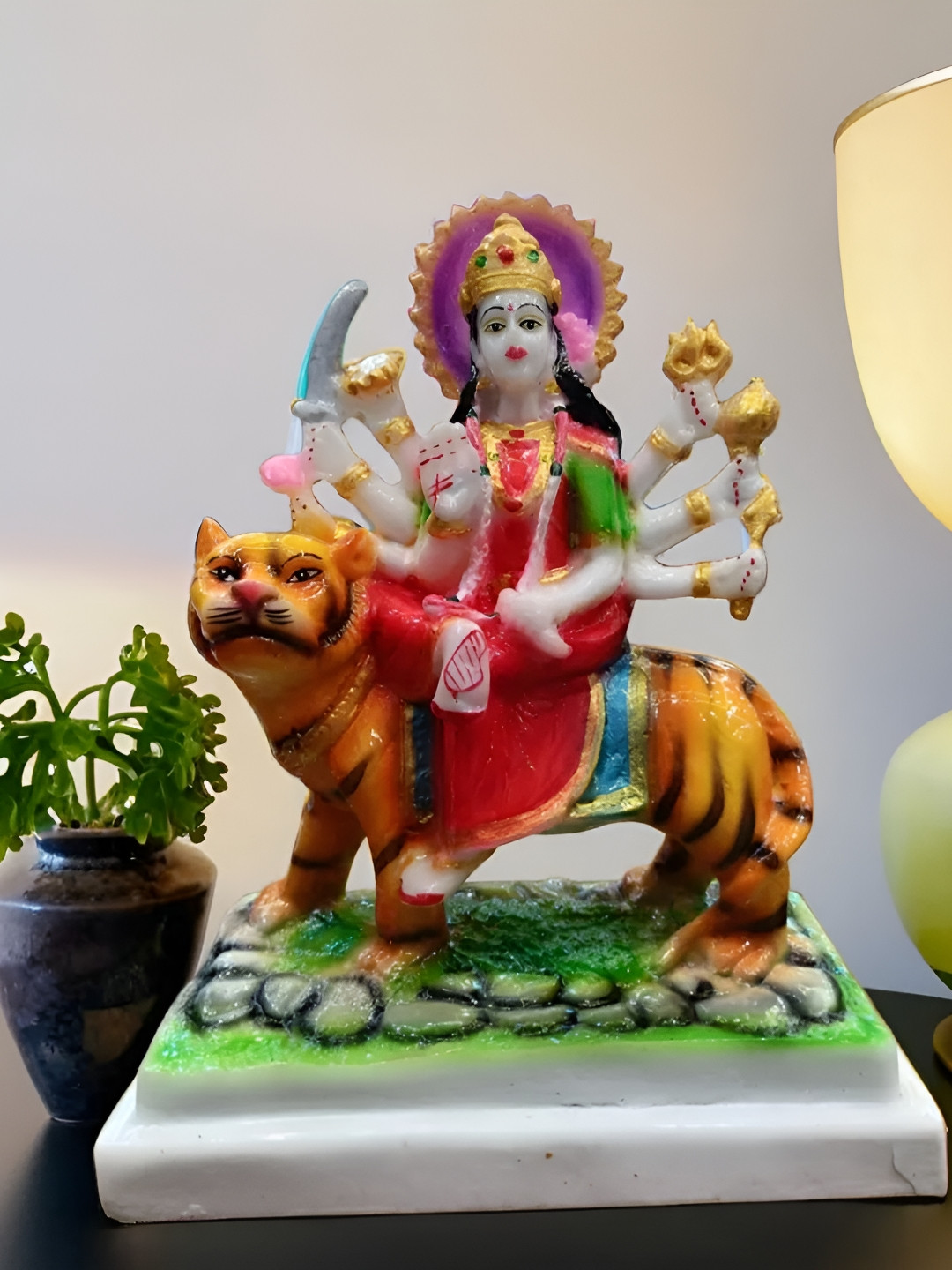 

SANKALAN CREATIONS Red Hindu Goddess Durga With Tiger Religious Idol Marble Showpiece
