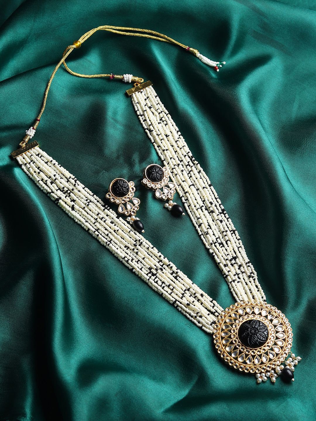 

RHOSYN Gold-Plated Stone Studded And Pearls Beaded Rajasthani Rani Haar Jewellery Set, White
