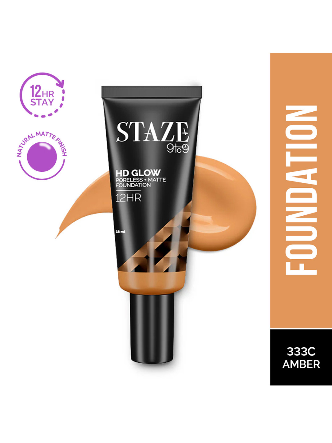 

STAZE 9to9 HD Glow Poreless + Matte Sweatproof Foundation 18 ml - Amber 333C, Nude
