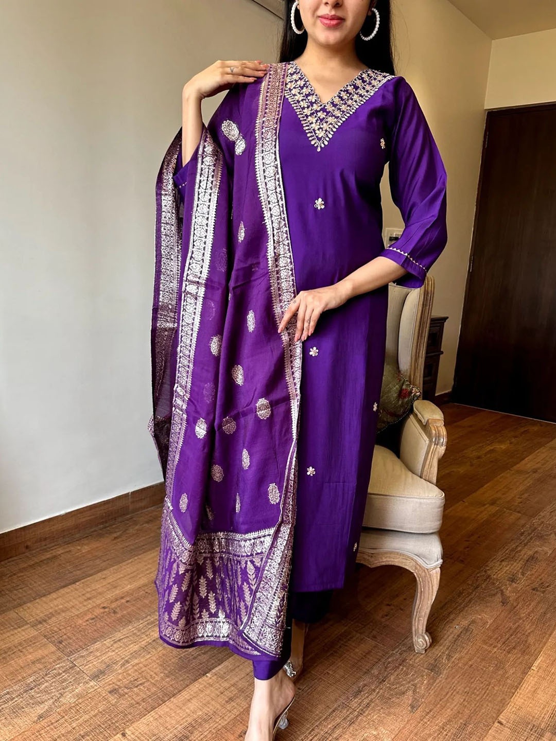 

KALINI Floral Embroidered V Neck Kurta With Trousers & Dupatta, Purple