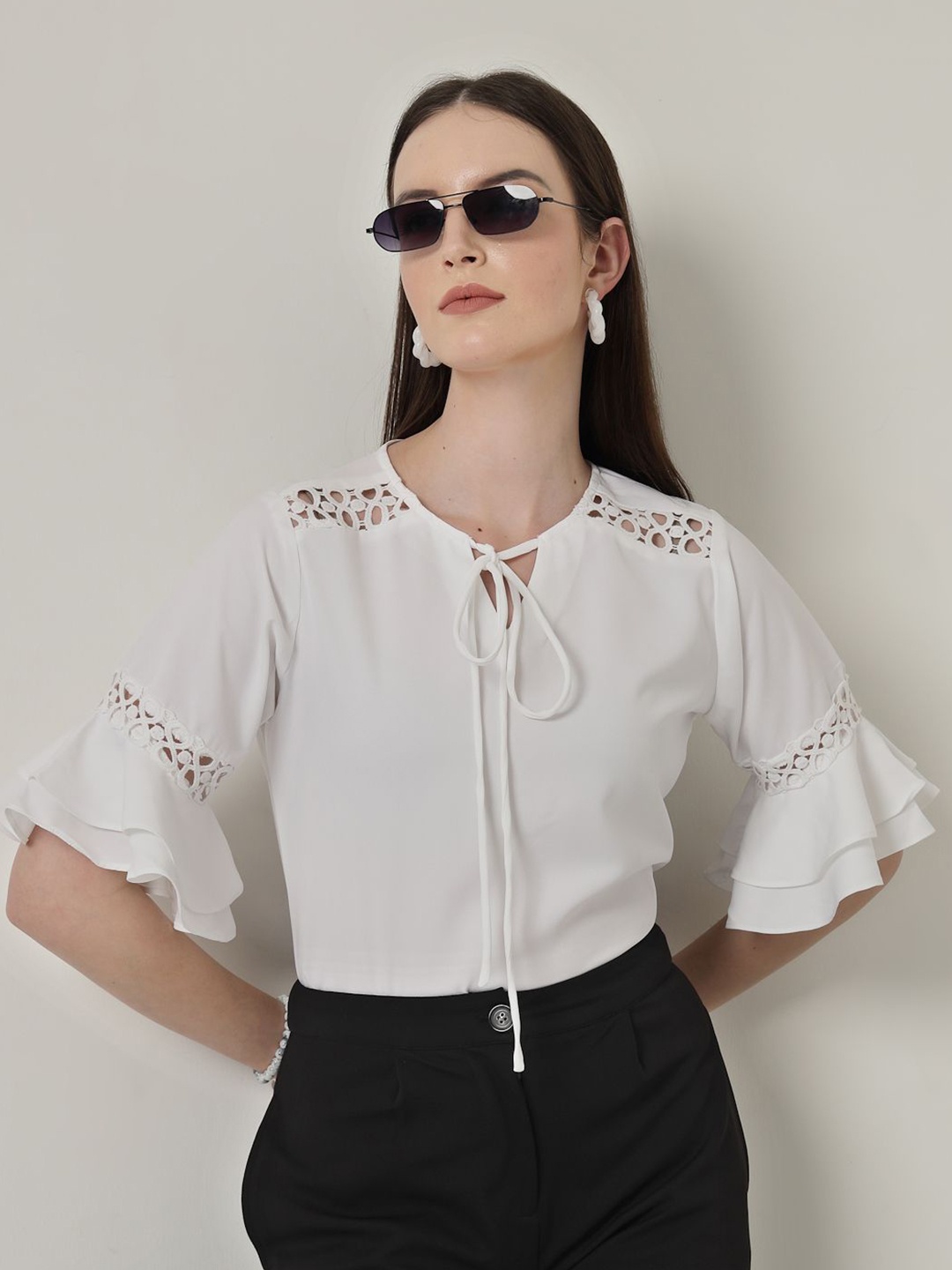 

Style Quotient Tie-Up Neck Bell Sleeve Top, White