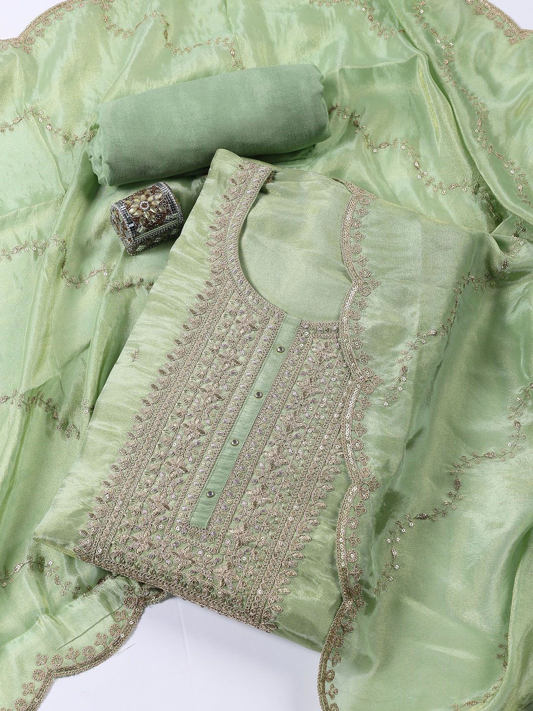 

Meena Bazaar Floral Embroidered Sequinned Unstitched Dress Material, Green