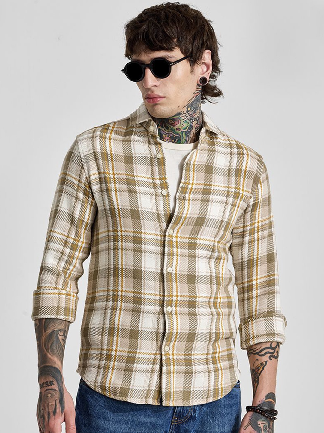 

Snitch Men Smart Slim Fit Opaque Checked Casual Shirt, Beige