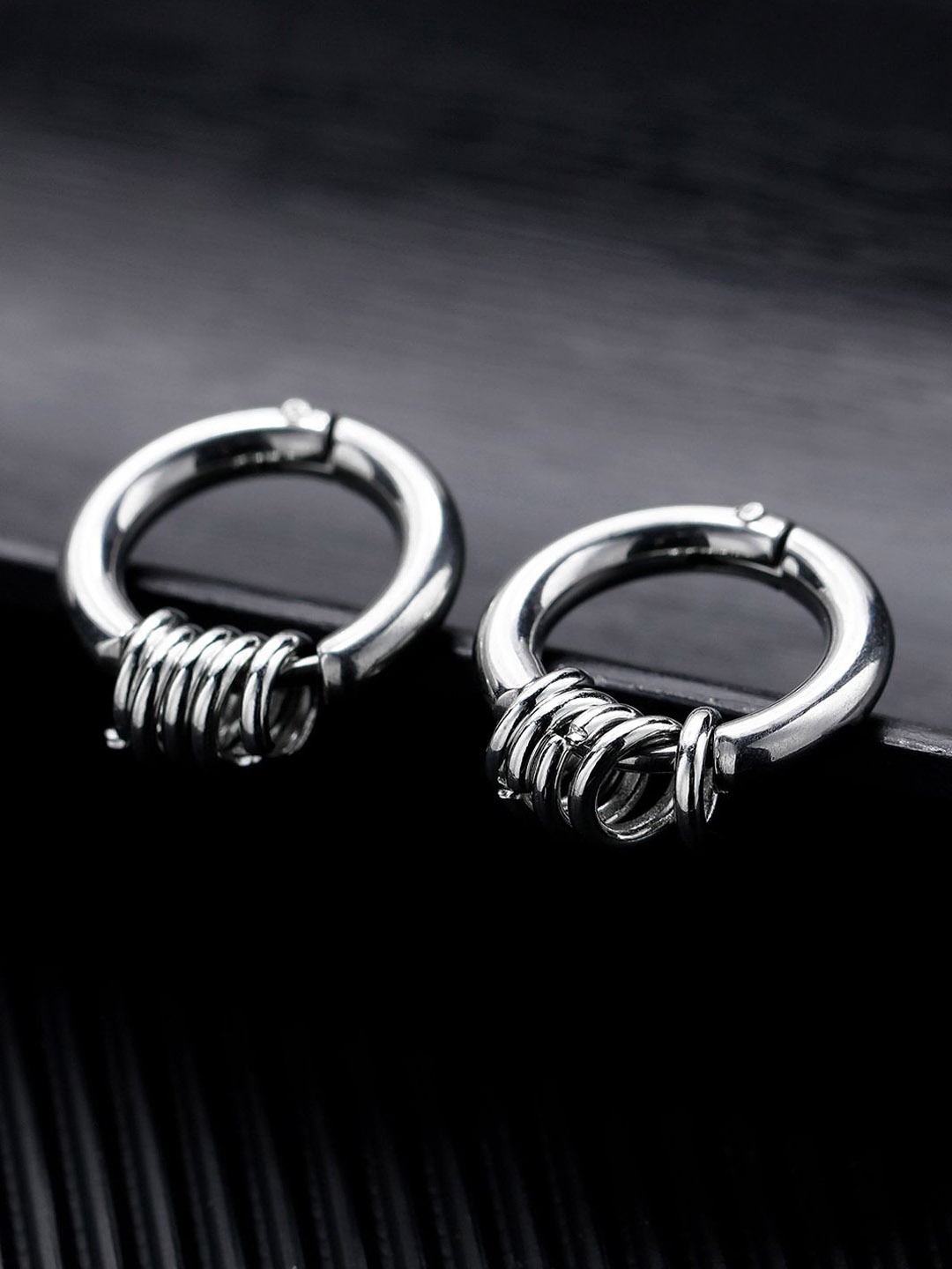 

Peora Men Stainless Steel Silver-Plated Circular Shaped Hoop Earrings With Red Rose