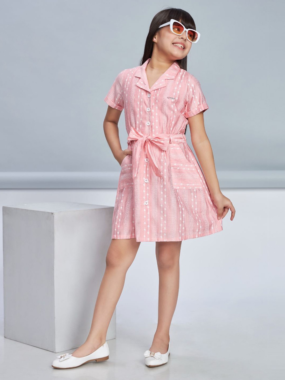 

Peppermint Girls Striped Shirt Collar A-Line Dress, Peach