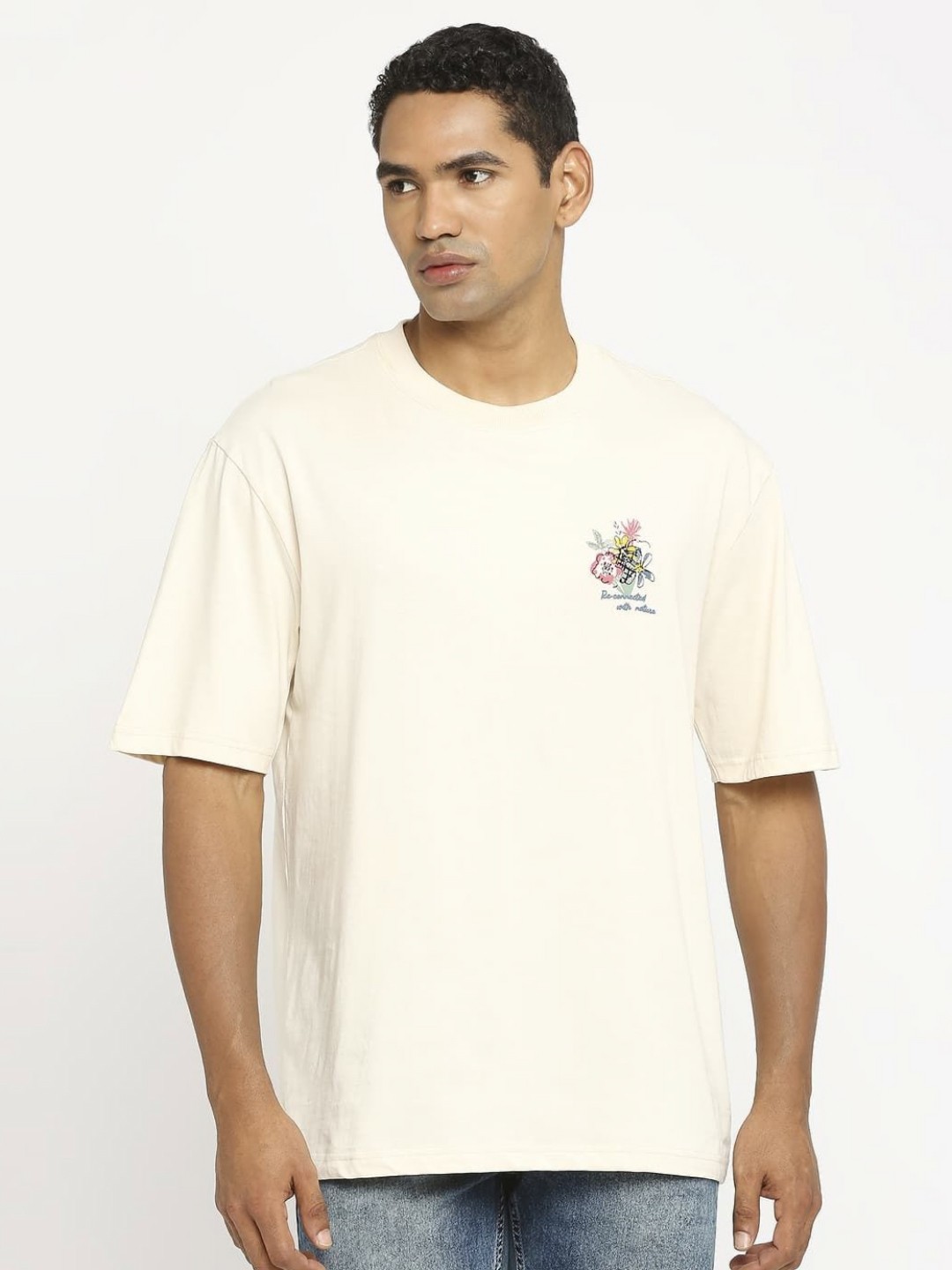 

Basics Men Floral Printed Round Neck Cotton Relaxed Fit T-shirt, Beige