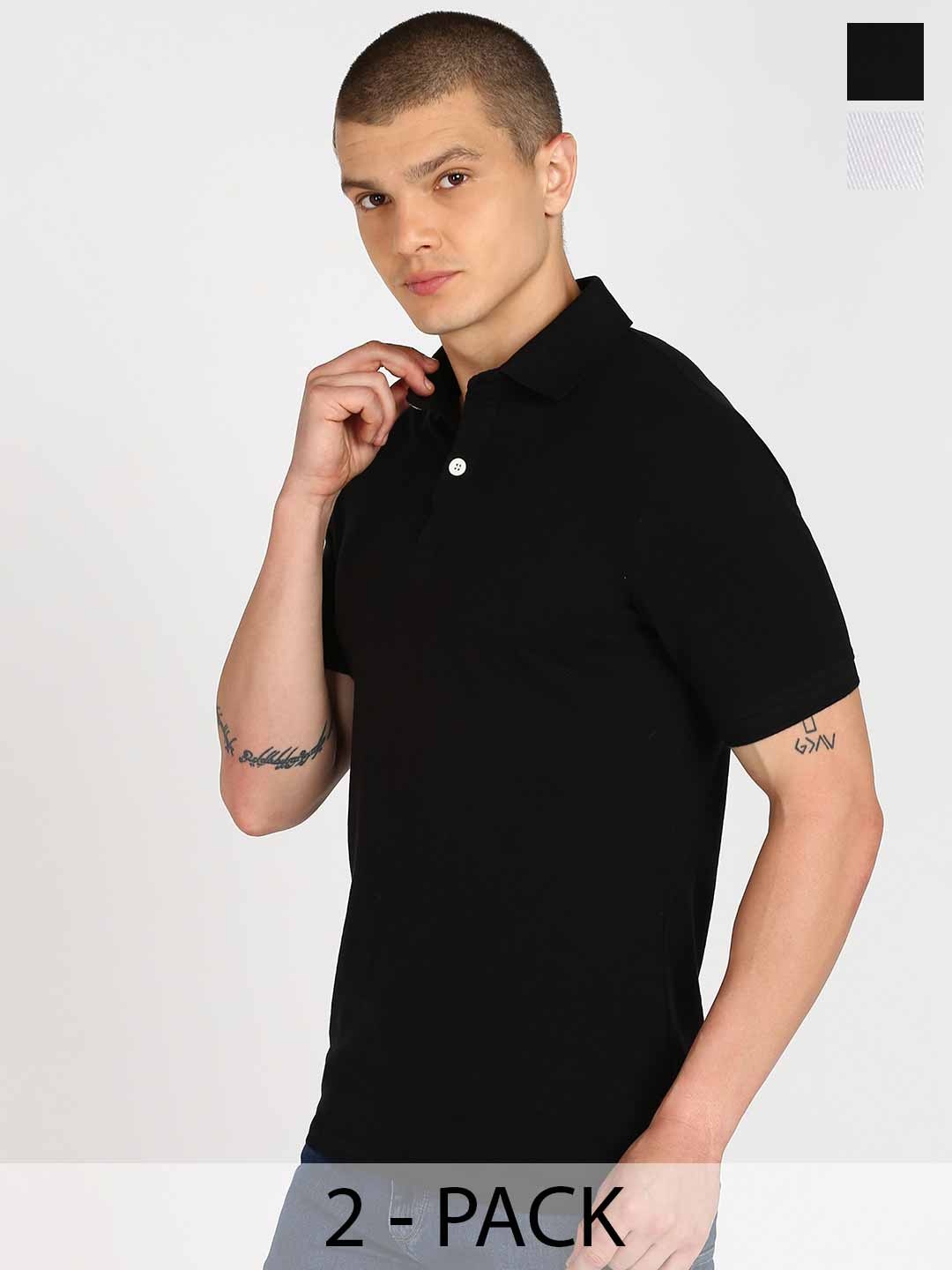 

Moda Rapido Men Pack Of 2 Solid Polo Collar Cotton Slim Fit T-shirts, Black