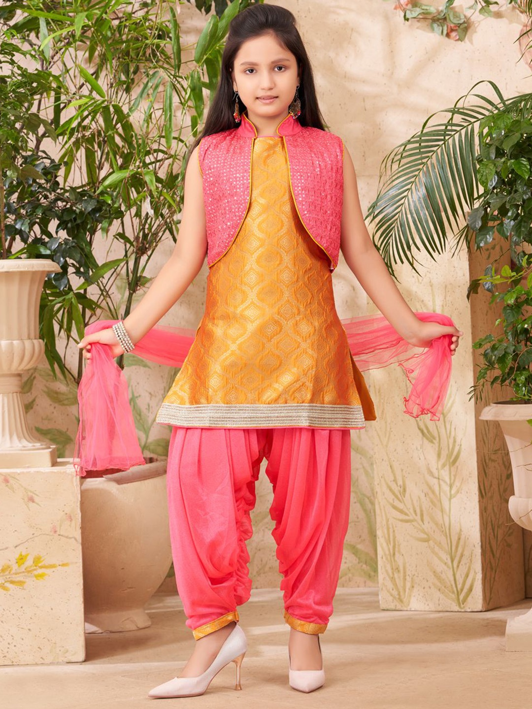 

Aarika Girls Ethnic Motifs Woven Design Brocade Kurti With Patiala And Dupatta & Jacket, Mustard