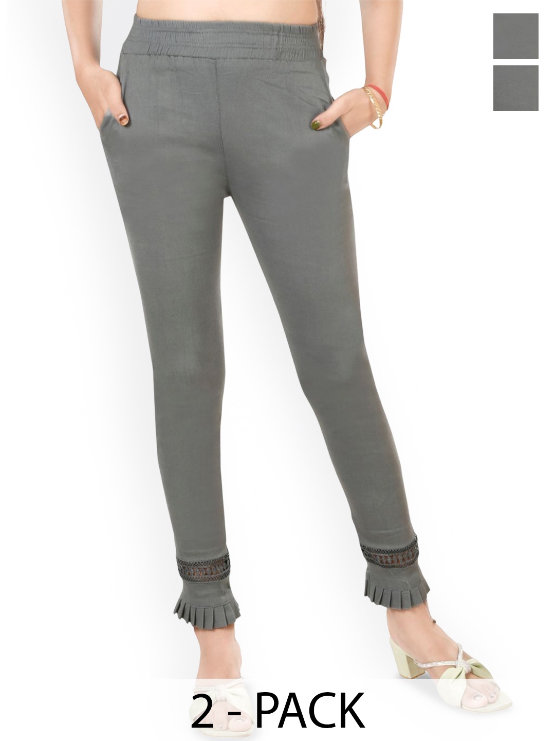 

Fessist Women Pack Of 2 Relaxed Skinny Fit Easy Wash Pleated Regular Trousers, Grey