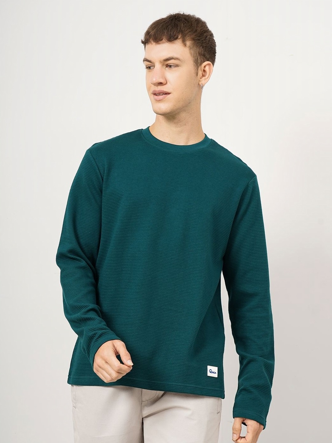 

Genoa Men Self Design Round Neck Cotton Oversized T-shirt, Teal