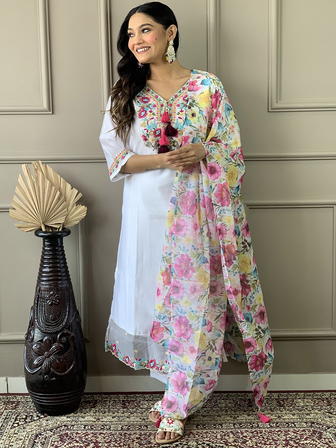 

KALINI Floral Embroidered Tie-Up Neck Kurta With Trousers & Dupatta, White