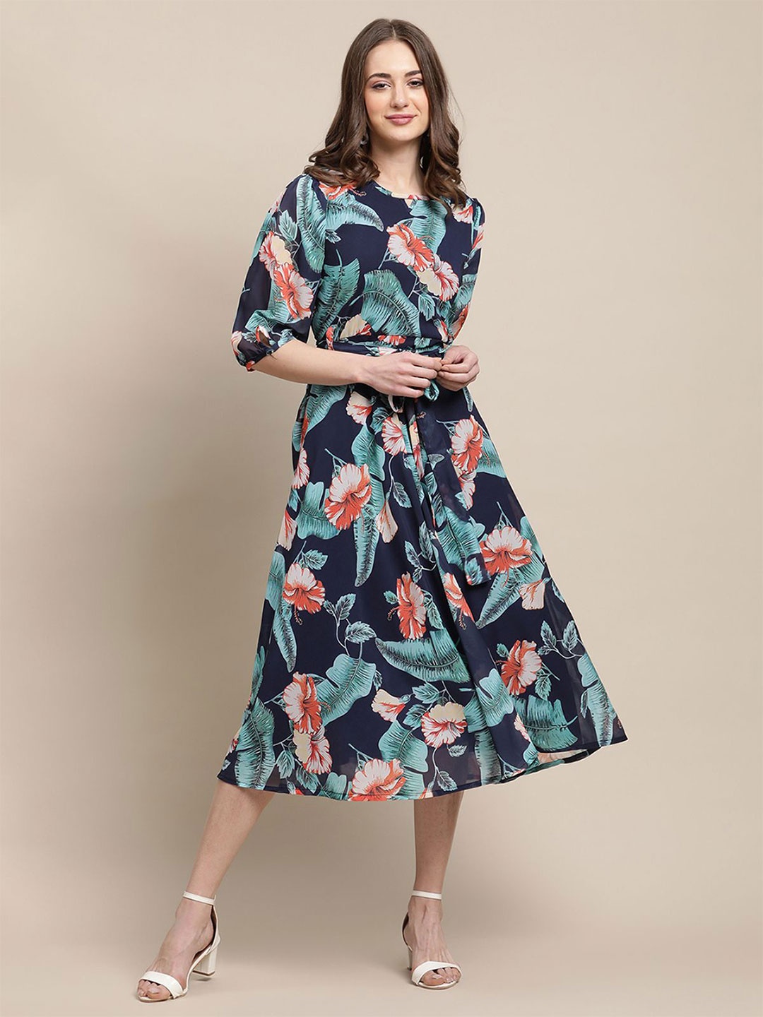 

Tromko Floral Print Georgette Fit & Flare Midi Dress, Navy blue