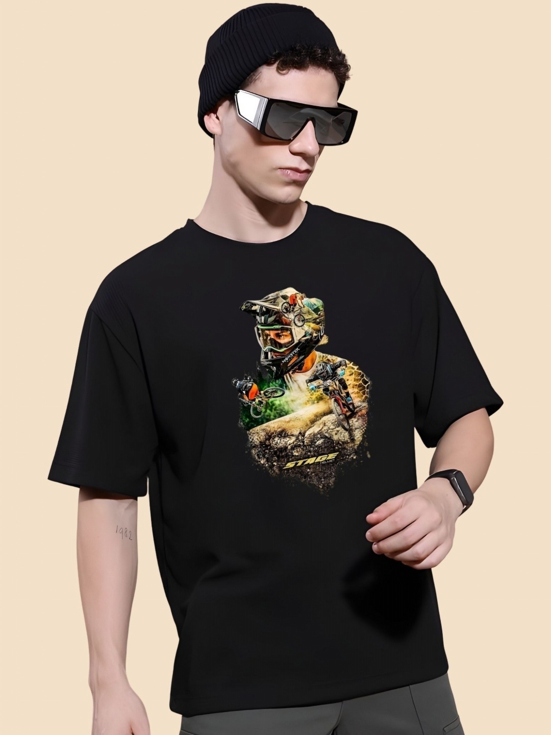 

SZN Men Graphic Printed Round Neck Cotton Oversized T-shirt, Black