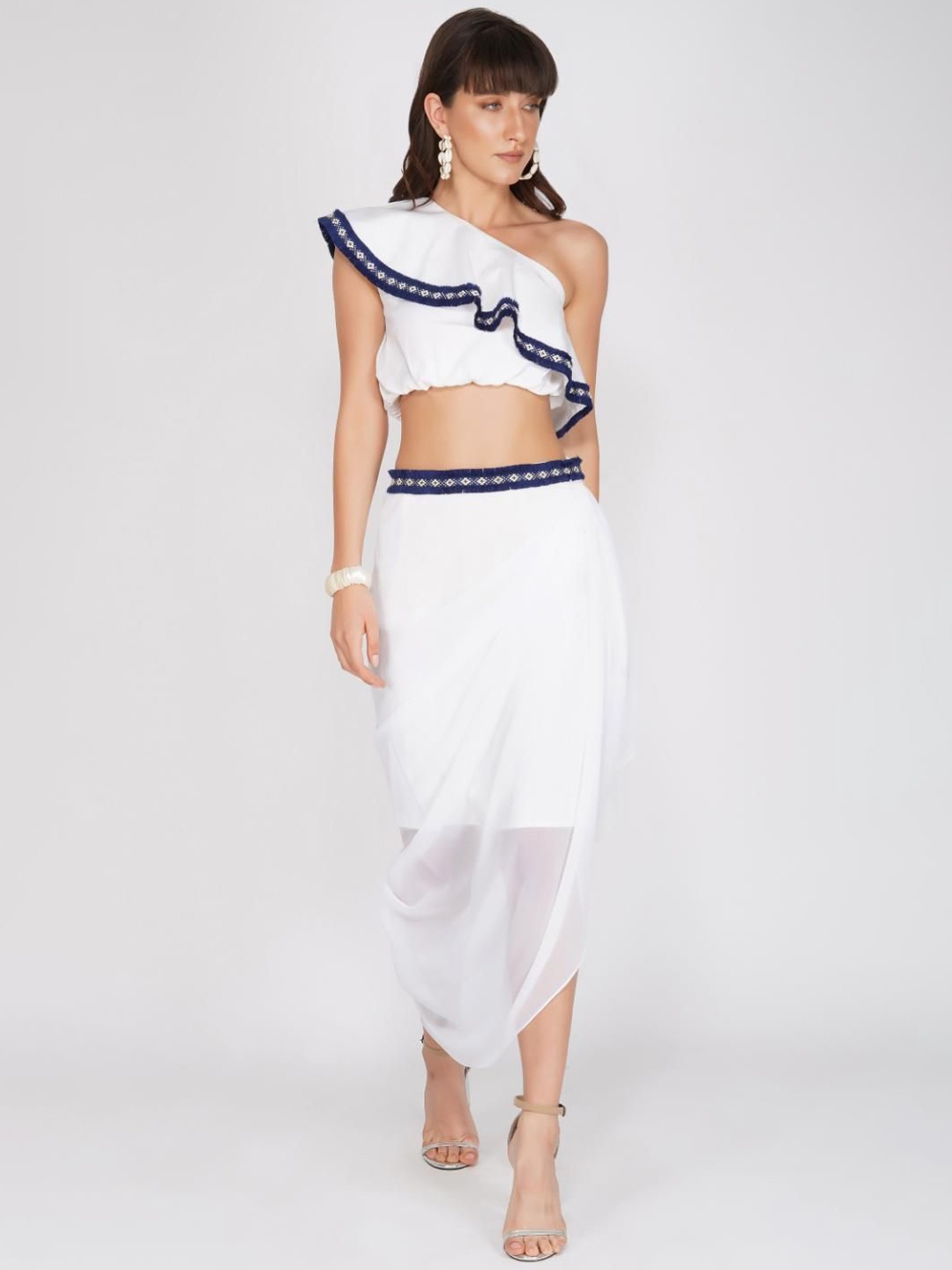 

KOVET Woven Design One Shoulder Pure Cotton Top With Skirt, White
