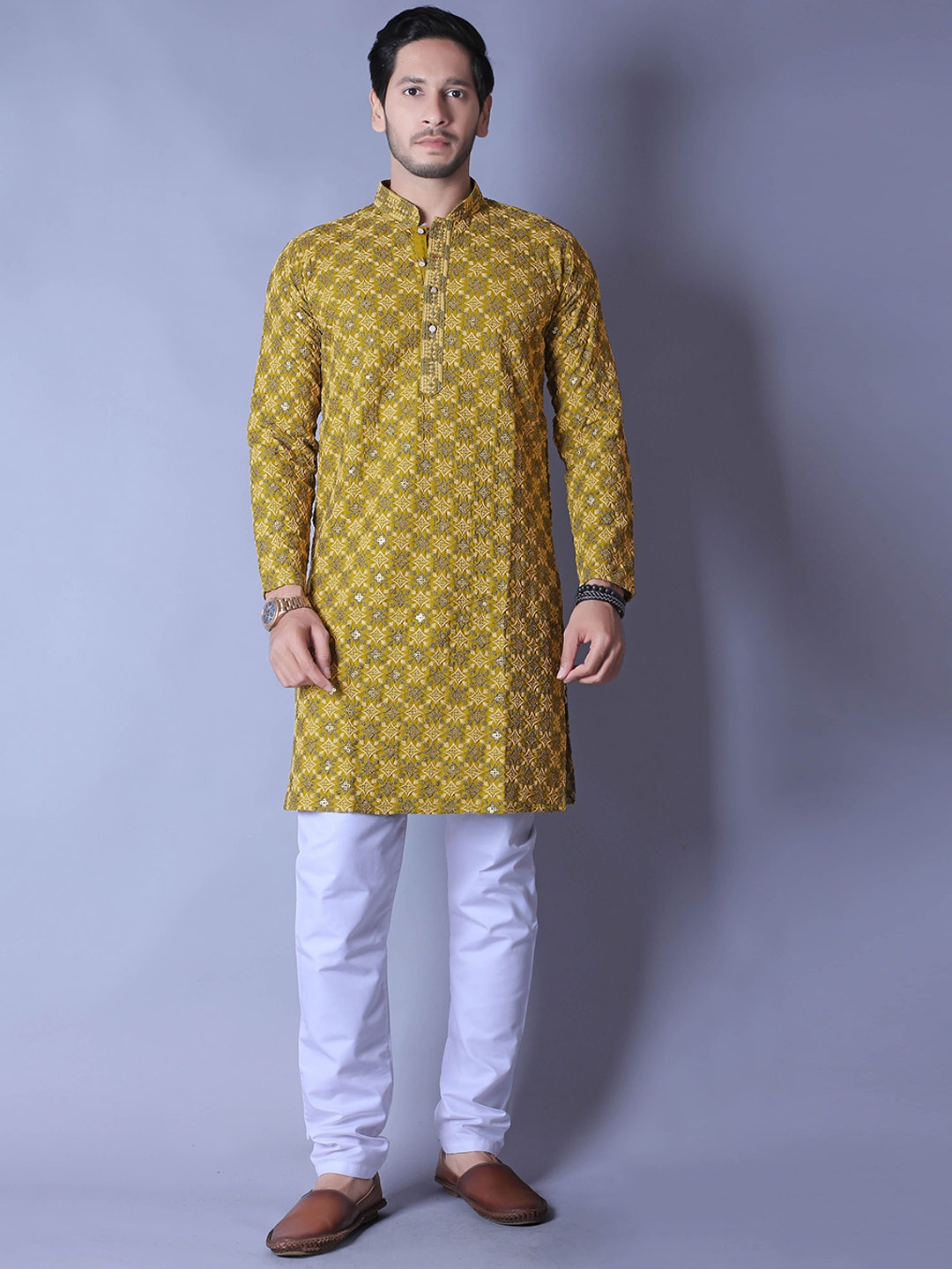 

ALMORA Ethnic Motifs Printed Band Collar Straight Pure Cotton Kurta with Pyjamas, Yellow