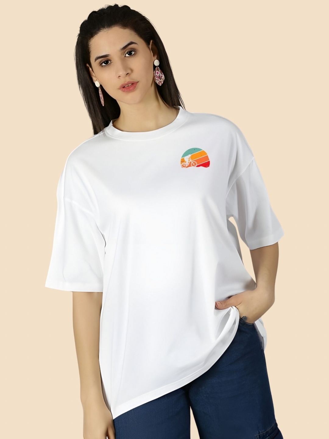 

SZN Women Graphic Printed Round Neck Cotton Oversized T-shirt, White