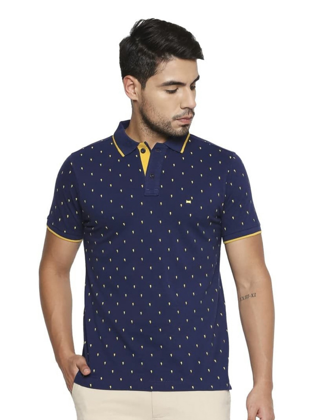 

Basics Men Abstract Printed Polo Collar Cotton T-shirt, Navy blue