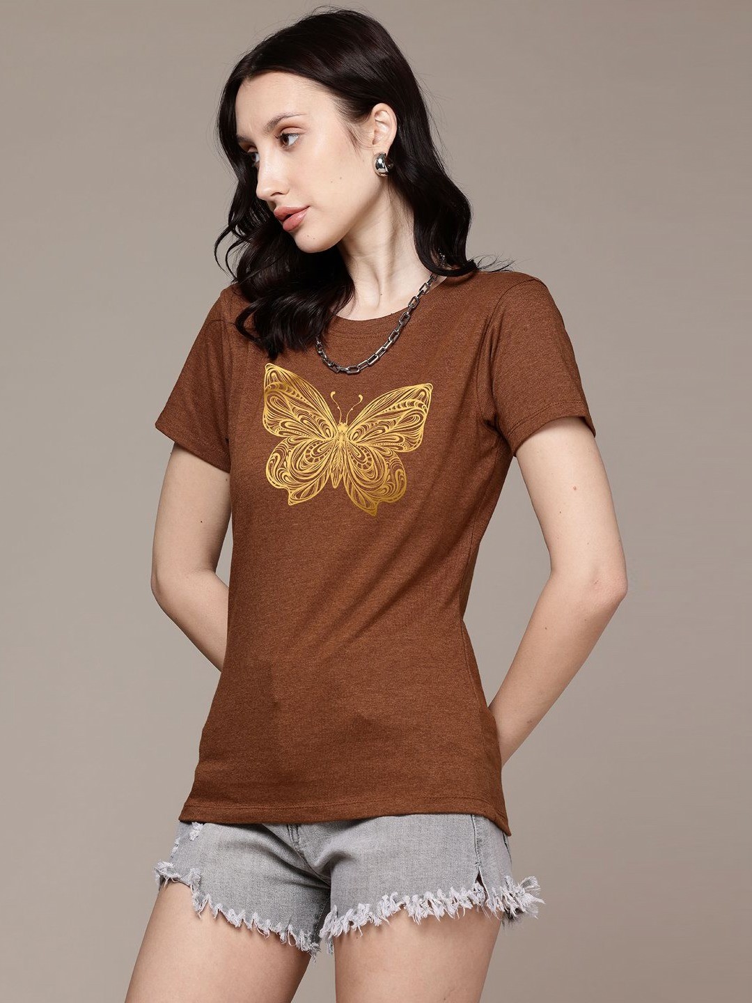 

Moda Rapido Women Graphic Printed Round Neck Regular Fit Cotton T-shirt, Brown