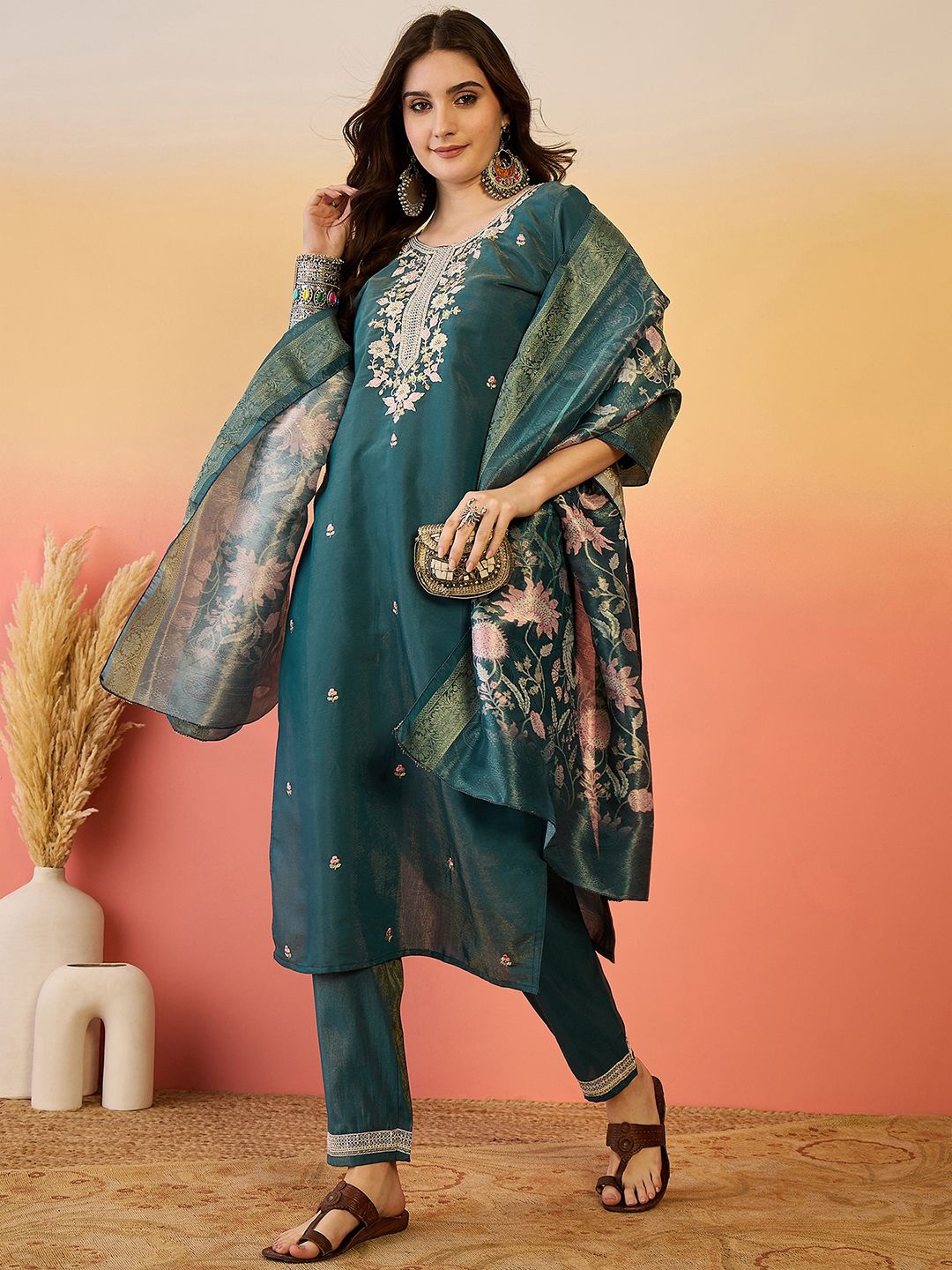 

Sangria Floral Embroidered Sequinned Straight Kurta With Trouser And Dupatta, Teal