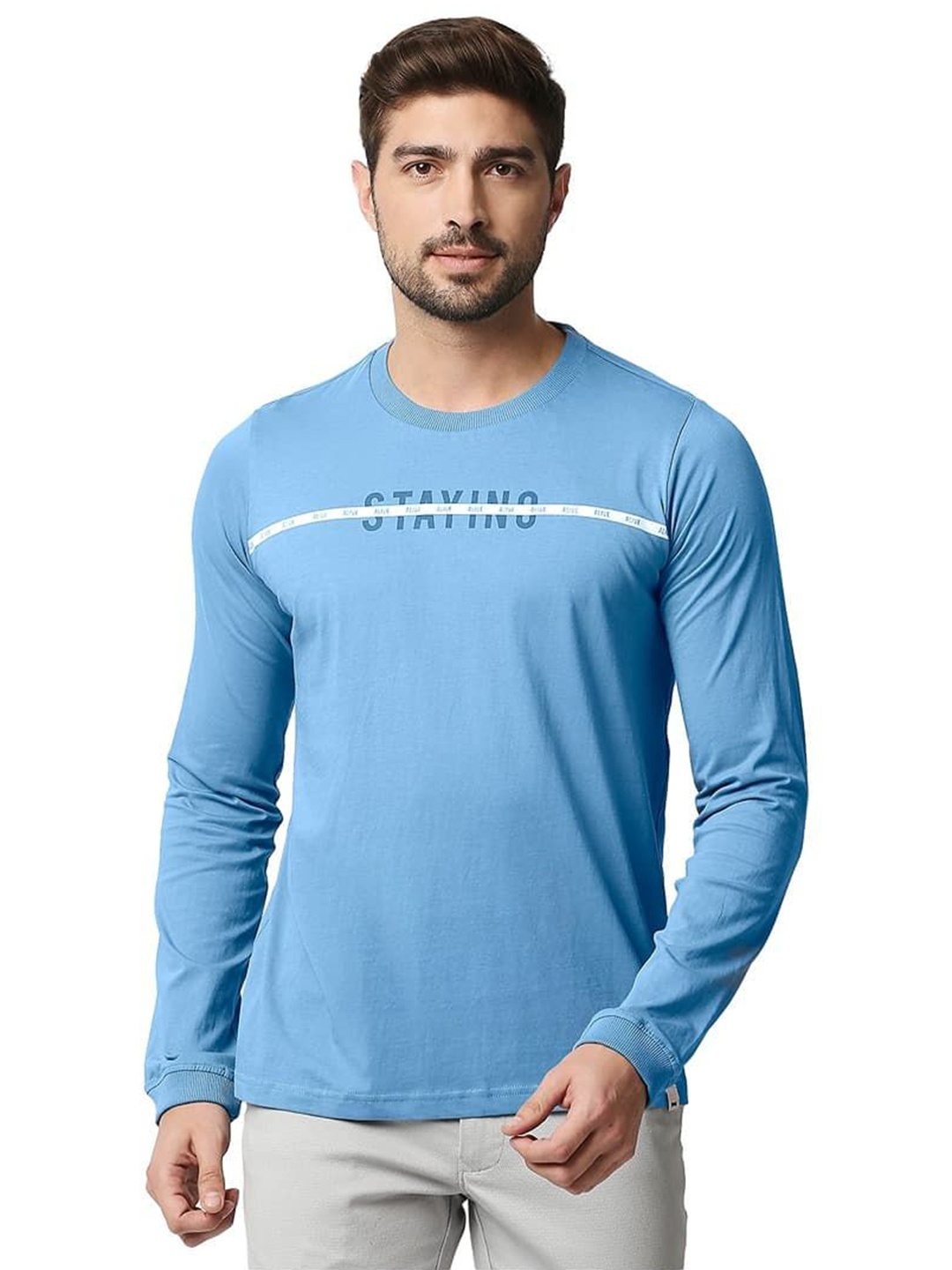 

Basics Men Typography Printed Round Neck Cotton T-shirt, Blue