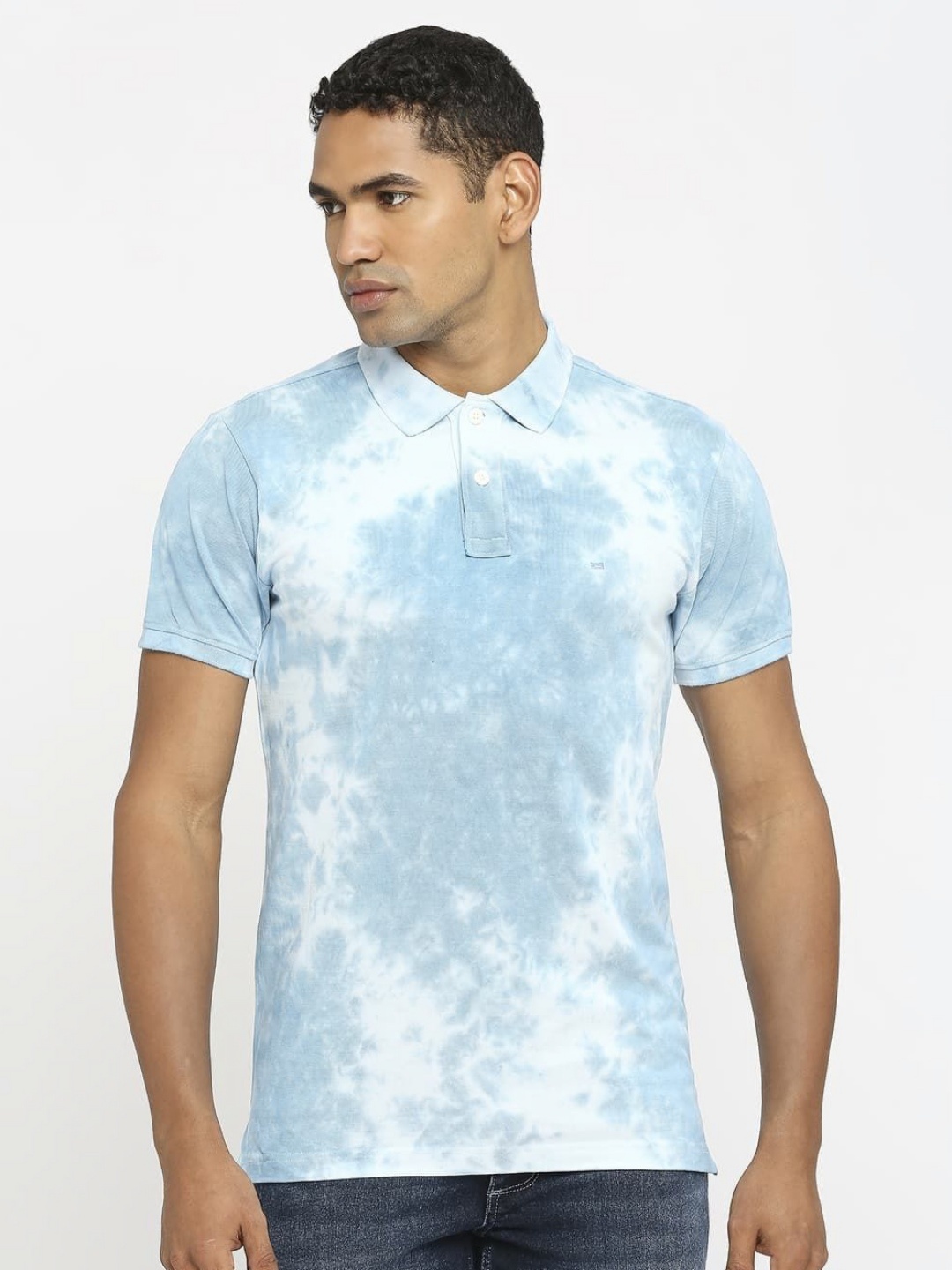 

Basics Men Tie and Dye Dyed Polo Collar Boxy T-shirt, Blue