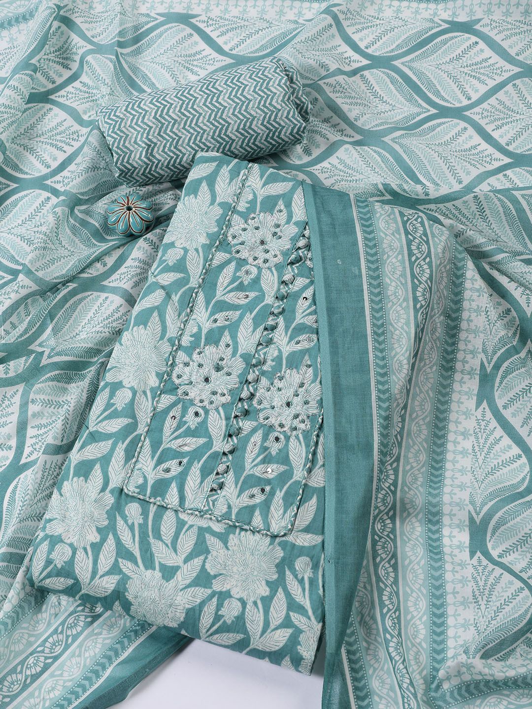 

Meena Bazaar Floral Printed Mirror Work Unstitched Dress Material, Sea green