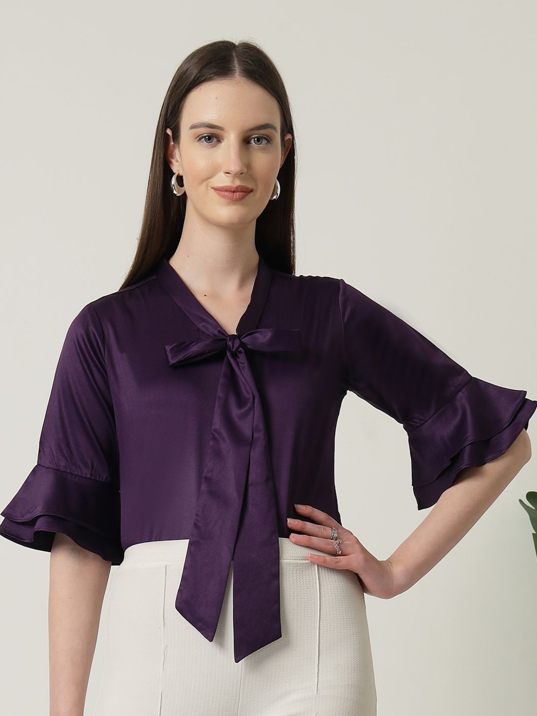 

Style Quotient Tie-Up Neck Bell Sleeve Satin Top, Purple