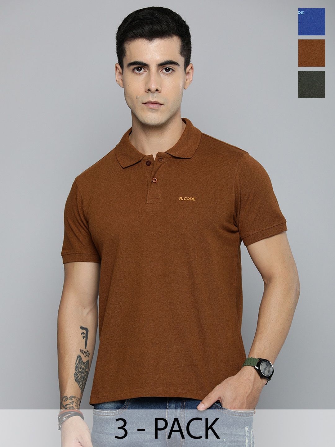 

R.Code by The Roadster Lifestyle Co. Men Regular Fit Pack Of 3 Solid Polo Cotton T-shirts, Rust